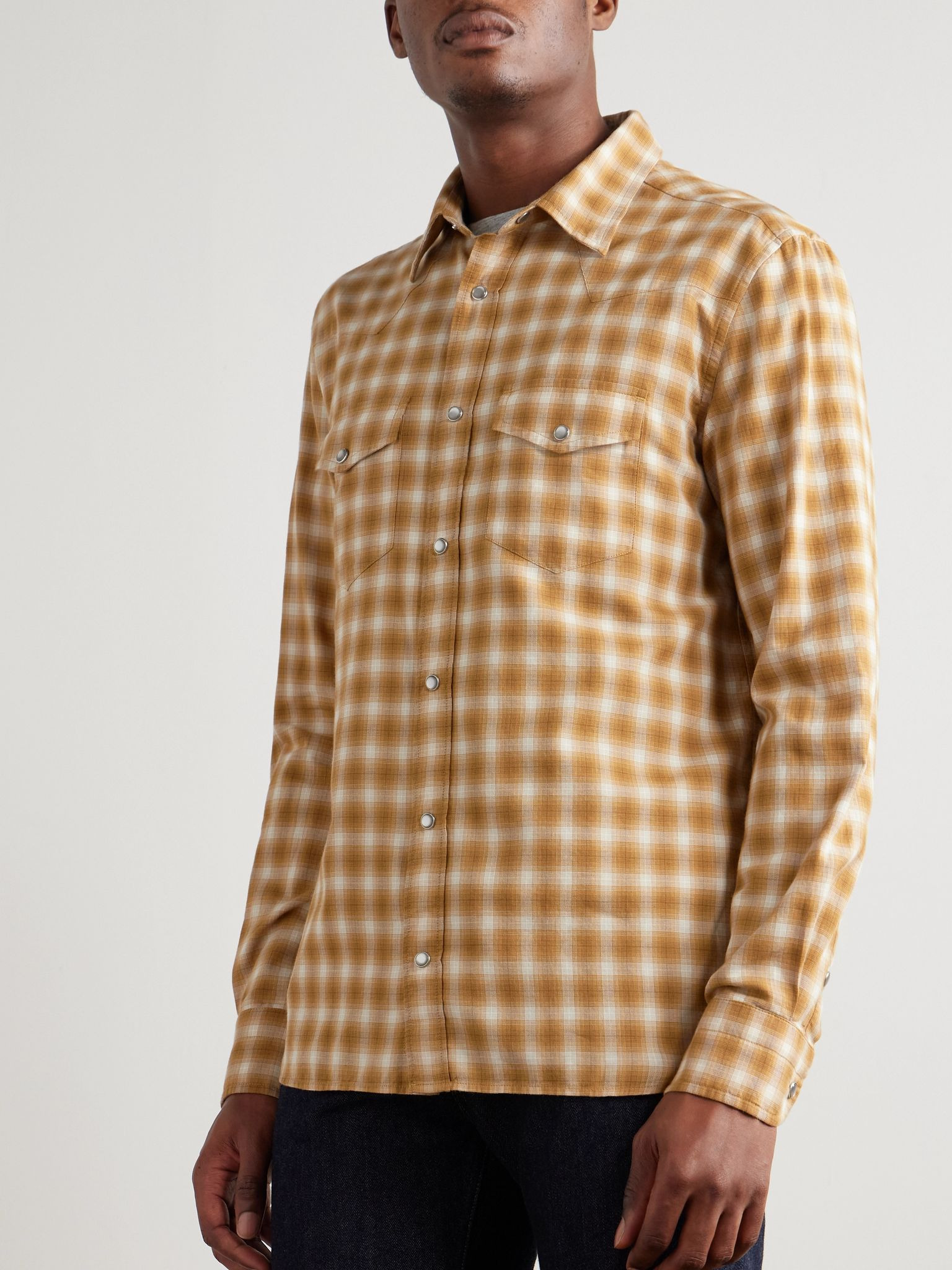 Slim-Fit Checked Cotton-Twill Shirt Yellow - 3
