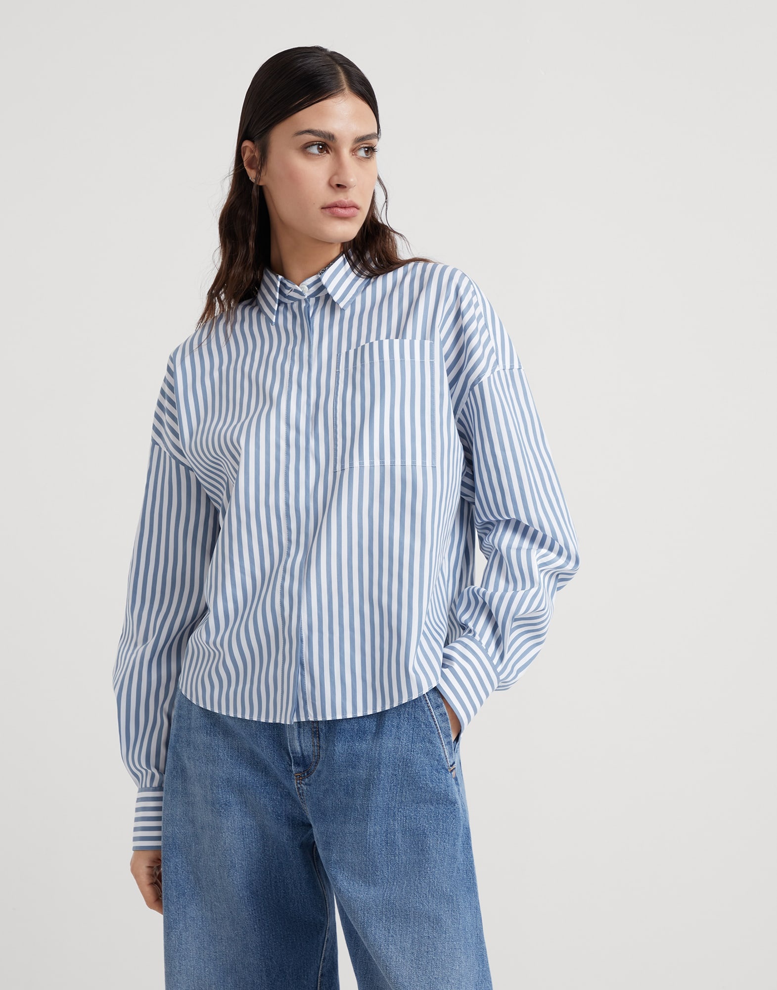 Cotton and silk striped poplin shirt with shiny collar - 1