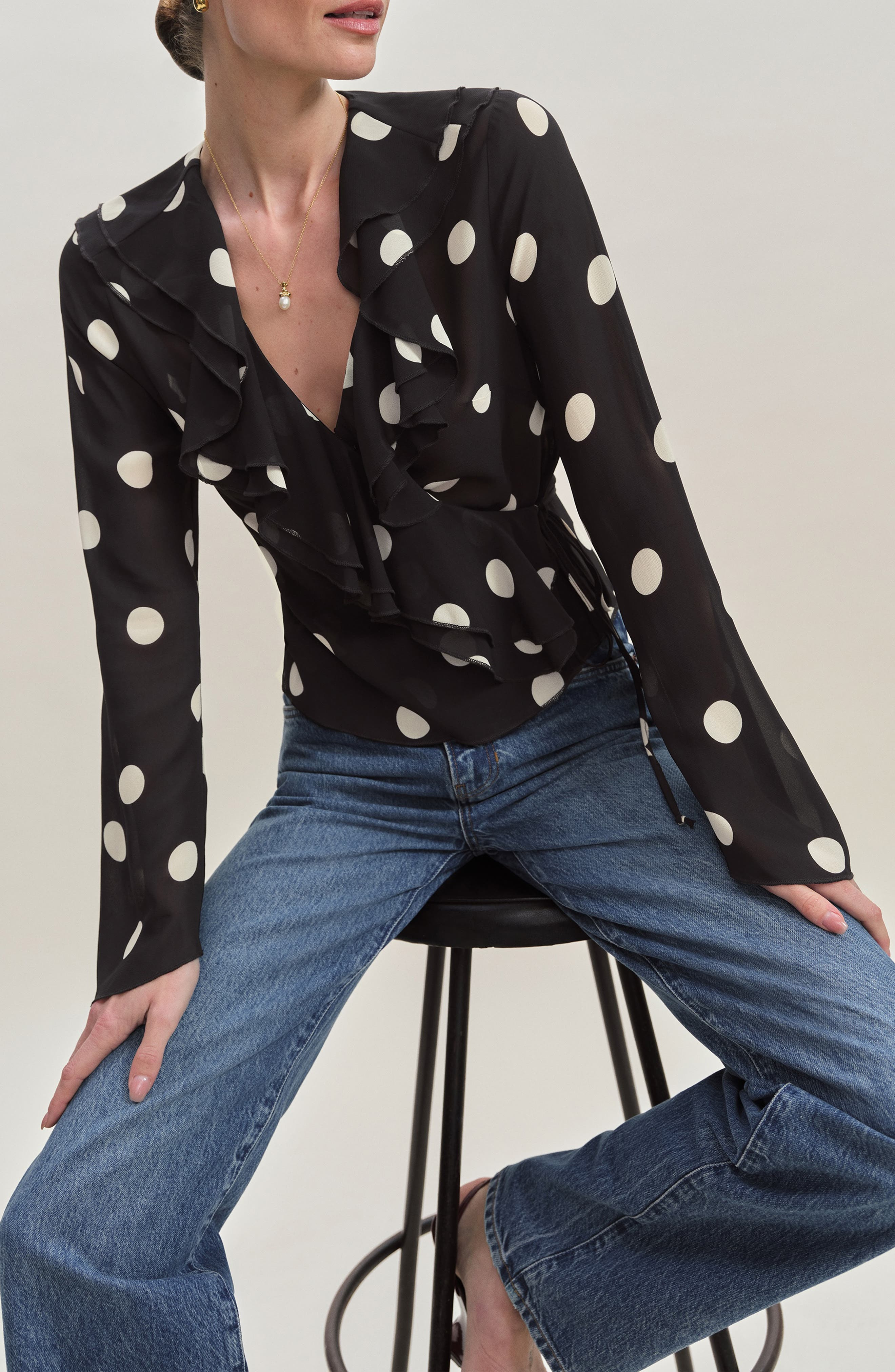 Reformation Kilah Ruffle Neck Polka Dot Wrap Top in Moon Dot at Nordstrom - 4