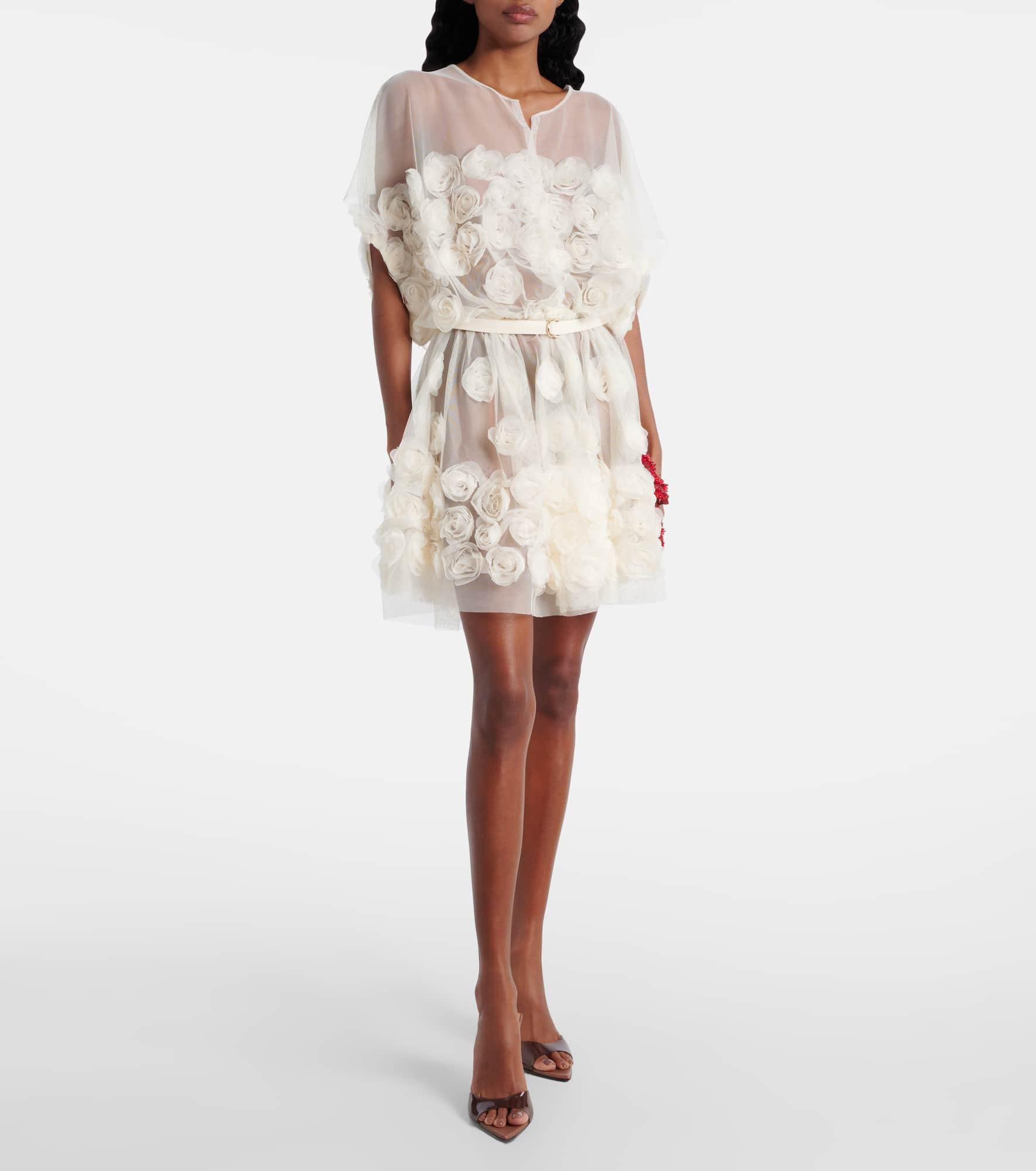 Bridal floral-appliqué belted tulle minidress - 2