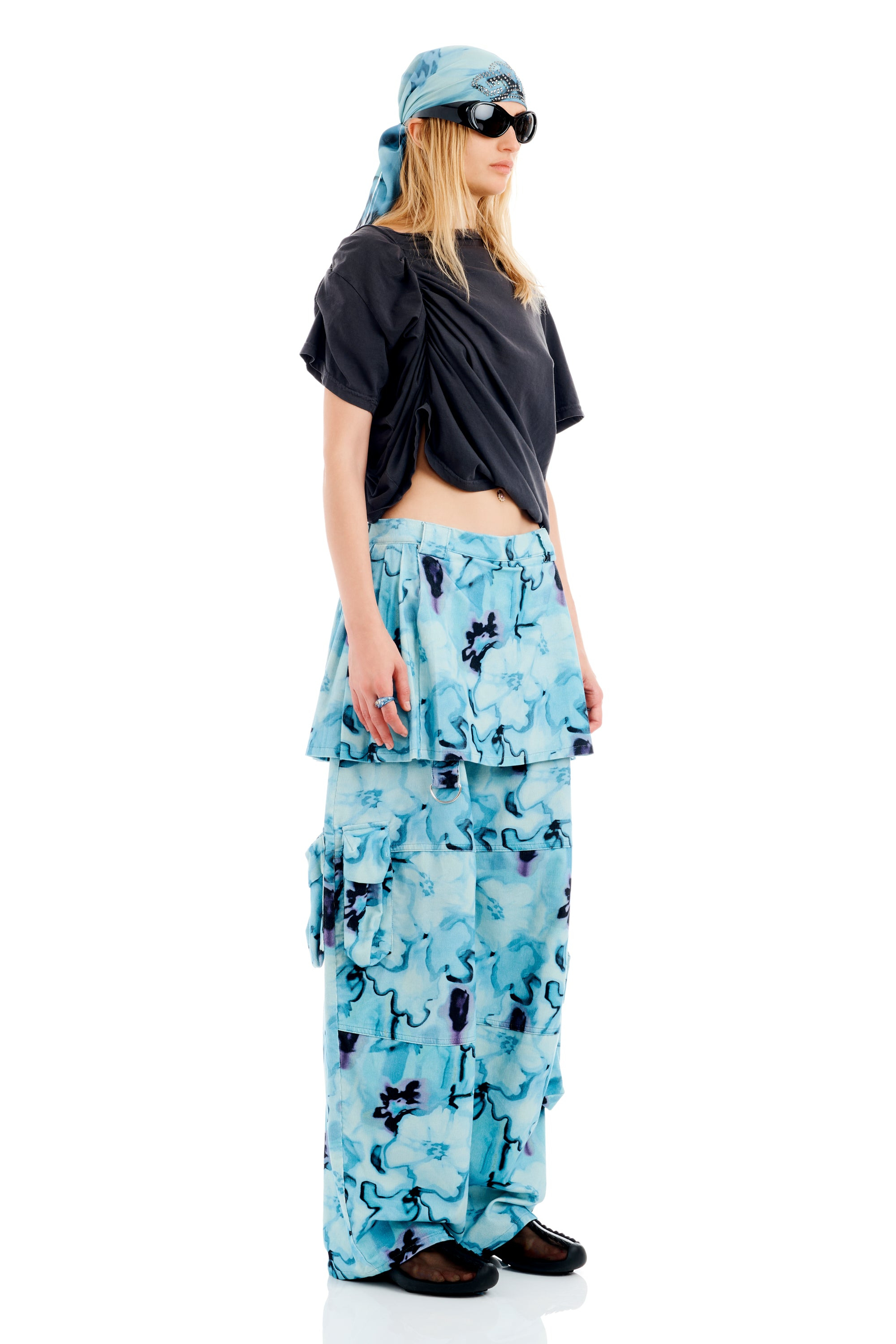 SKY WATERCOLOR FLORAL LAWN SKIRT CARGO PANT - 3