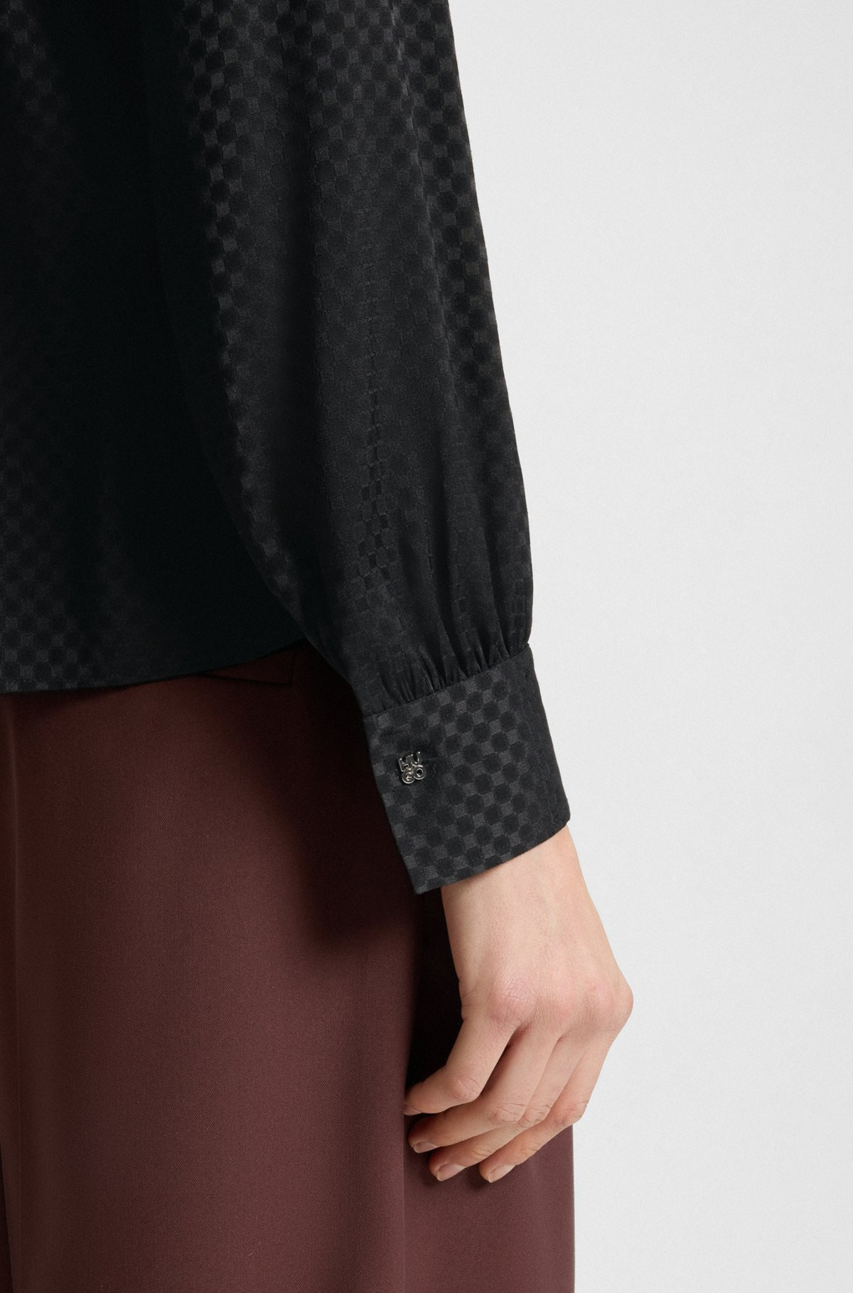 REGULAR-FIT BLOUSE IN CHECKERBOARD JACQUARD WITH TIE NECKLINE - 6
