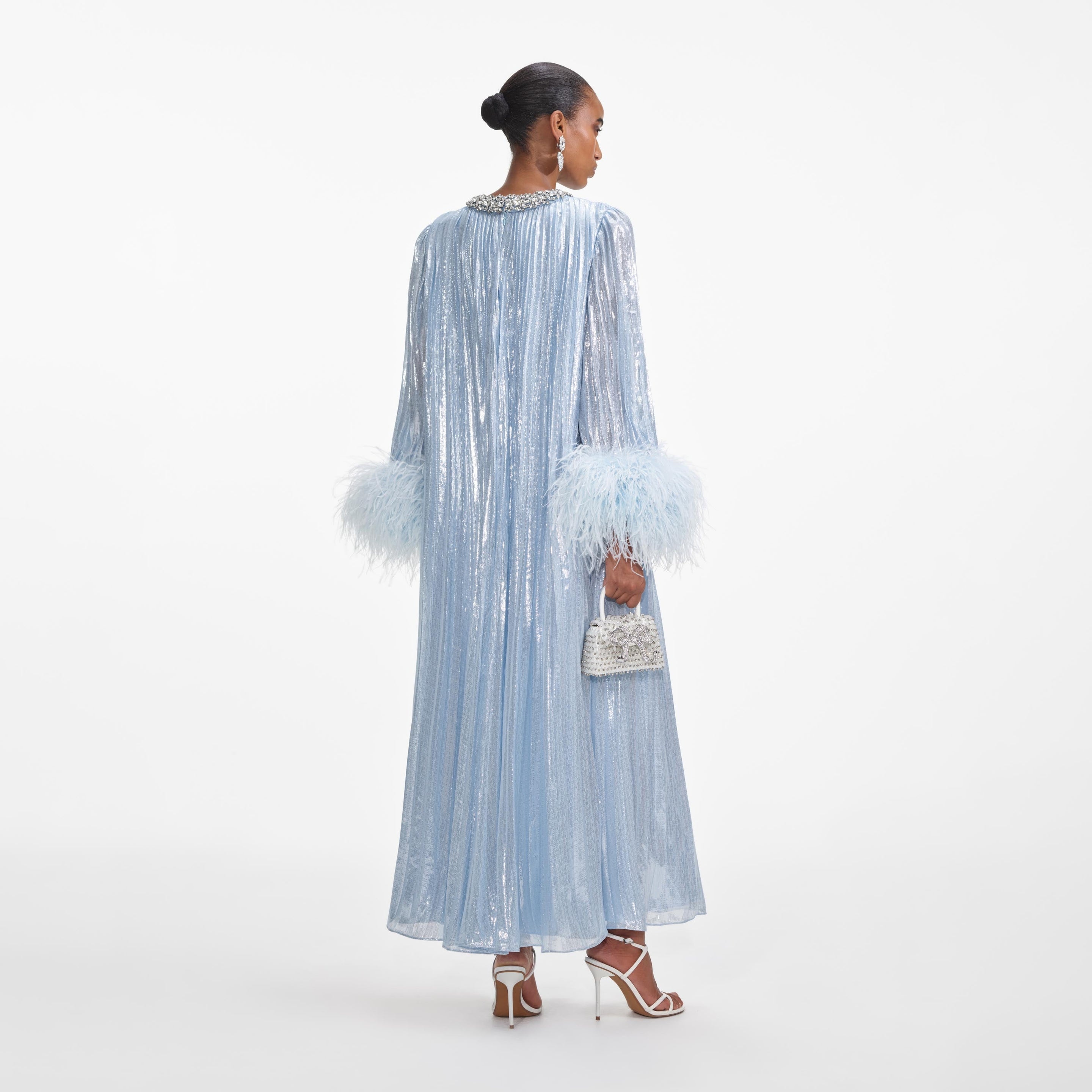 Blue Metallic Chiffon Feather Midi Dress - 3