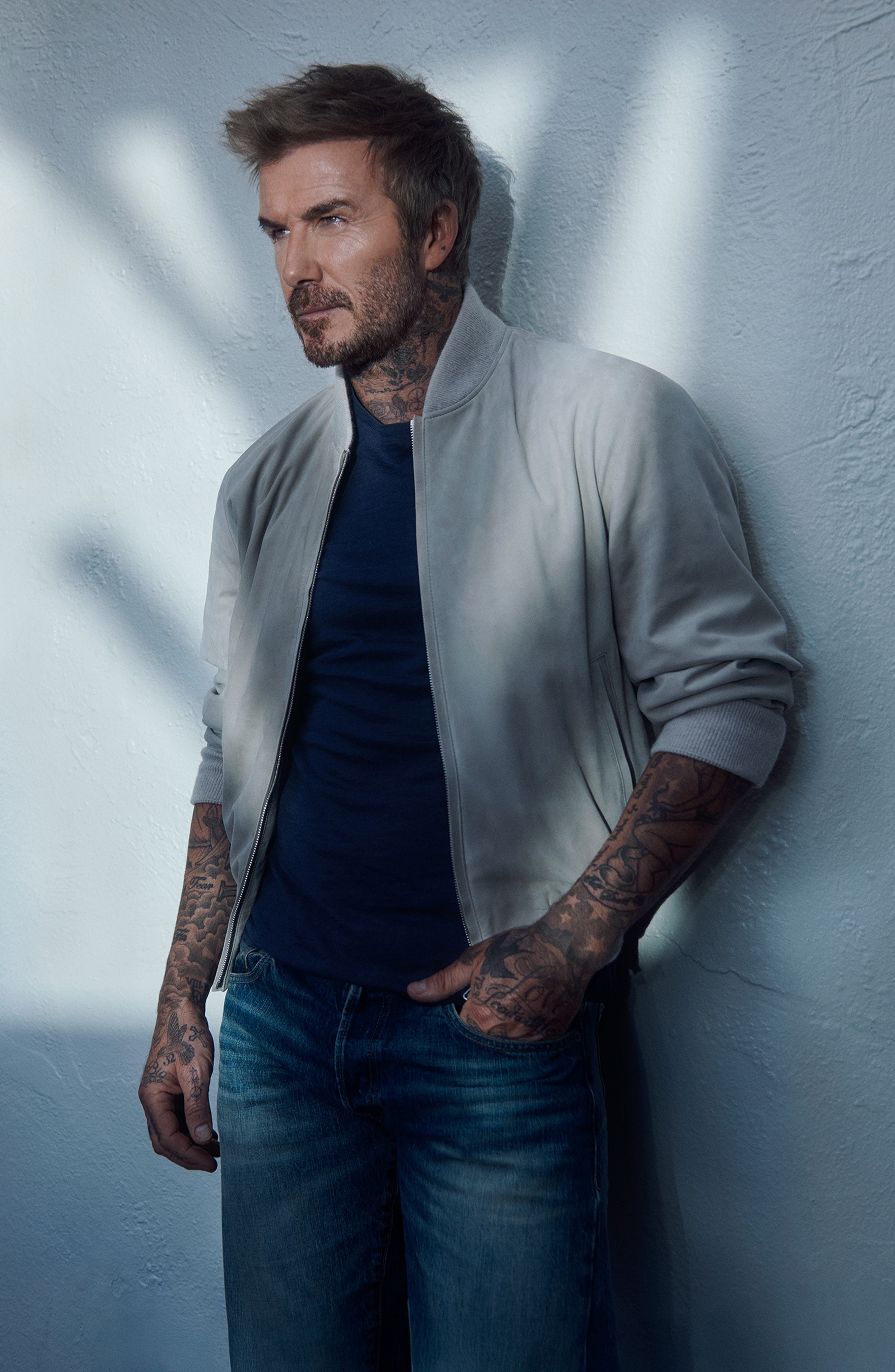 BOSS x Beckham Milo Suede Bomber Jacket in Light Beige at Nordstrom - 2