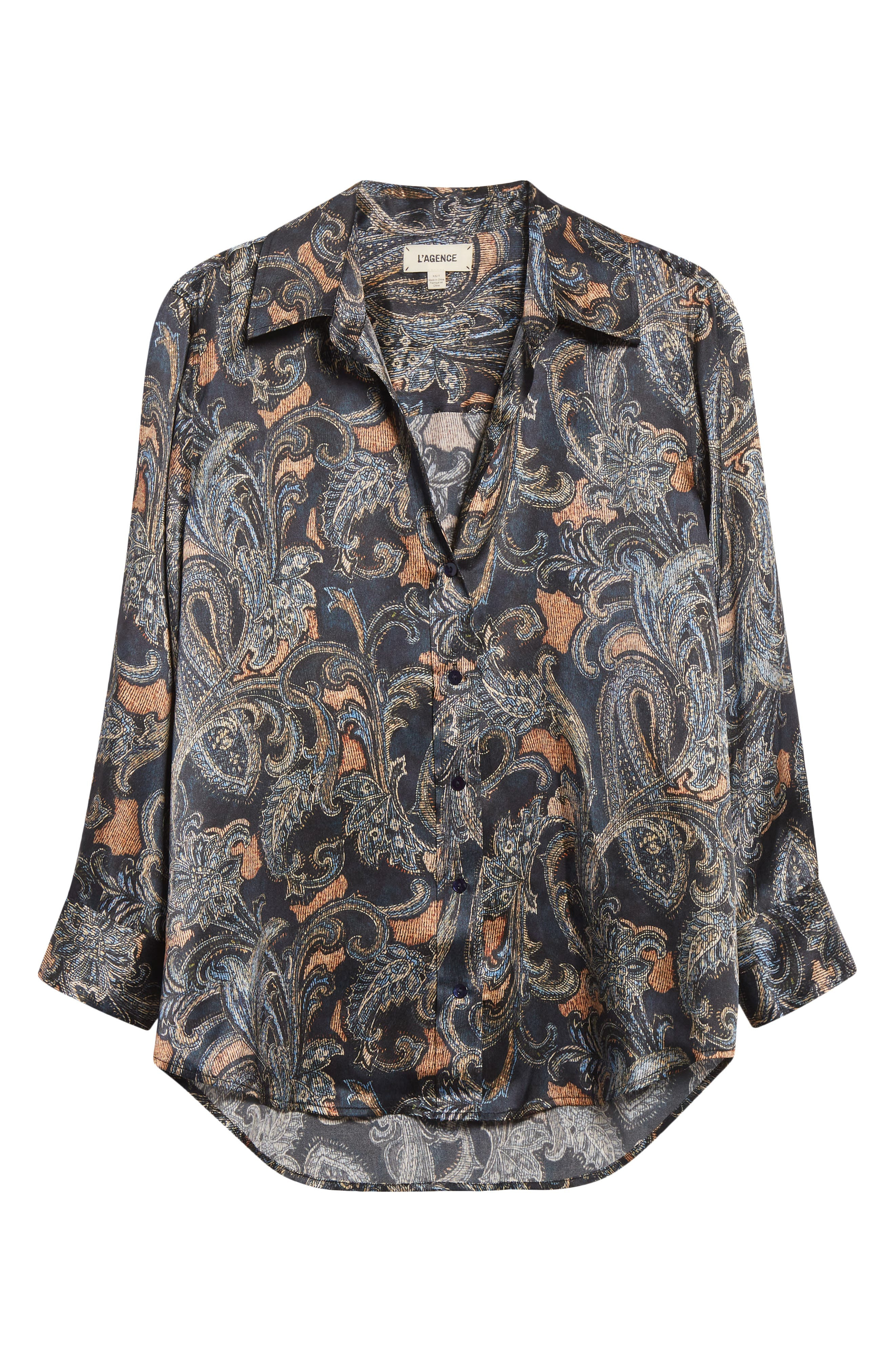 L'AGENCE Dani Print Three-Quarter Sleeve Silk Button-Up Shirt in Midnight Multi Etched Paisley at No - 6