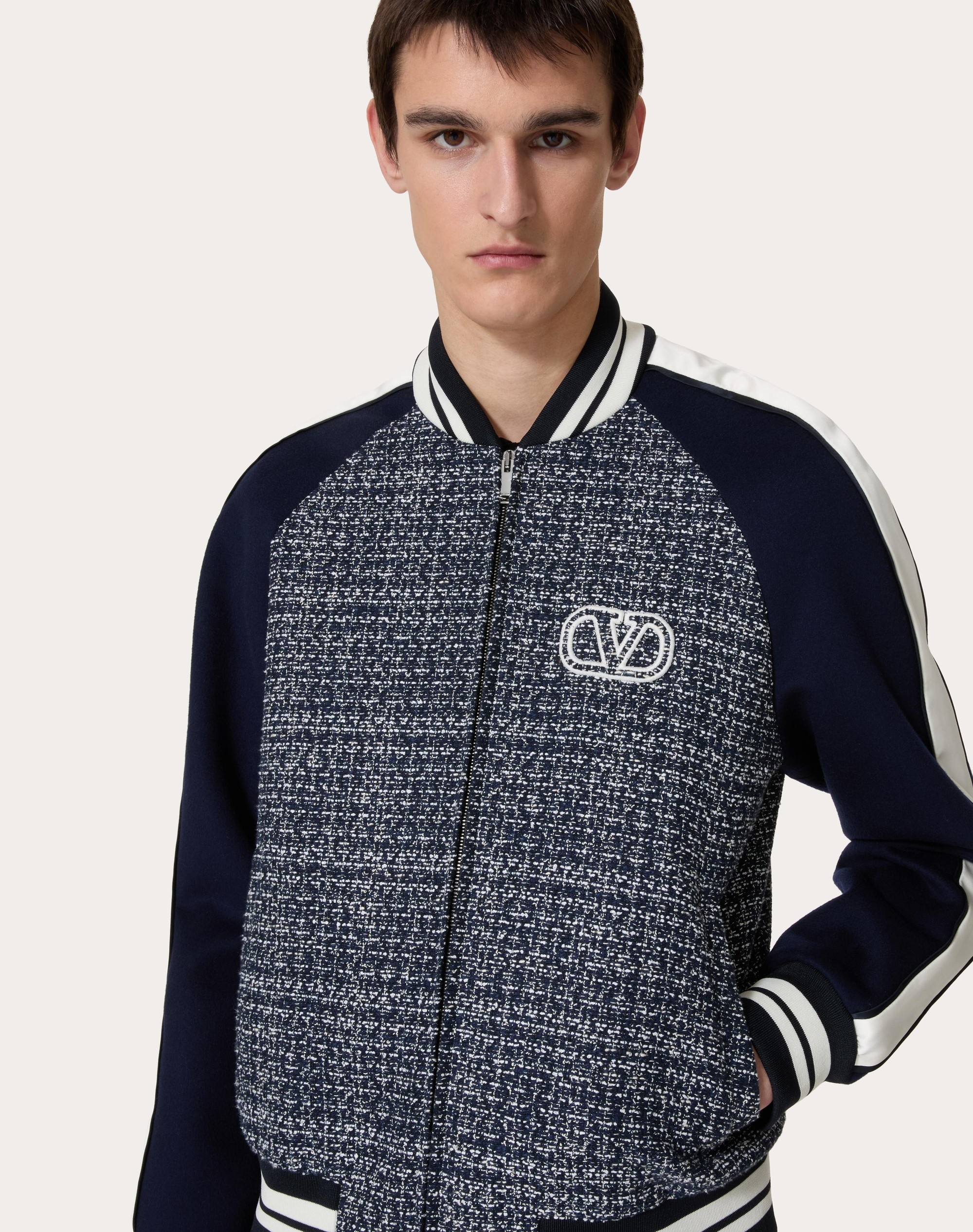 COTTON AND VISCOSE TWEED BOMBER JACKET WITH VLOGO SIGNATURE PATCH - 5