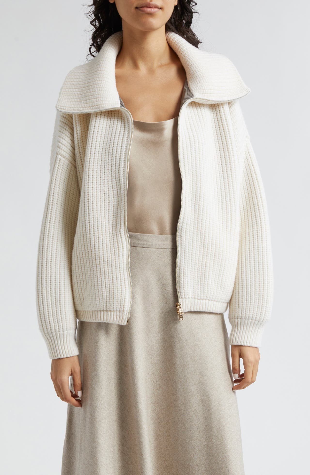 Herno Herno Rib Wool Sweater Knit Bomber Jacket in White at