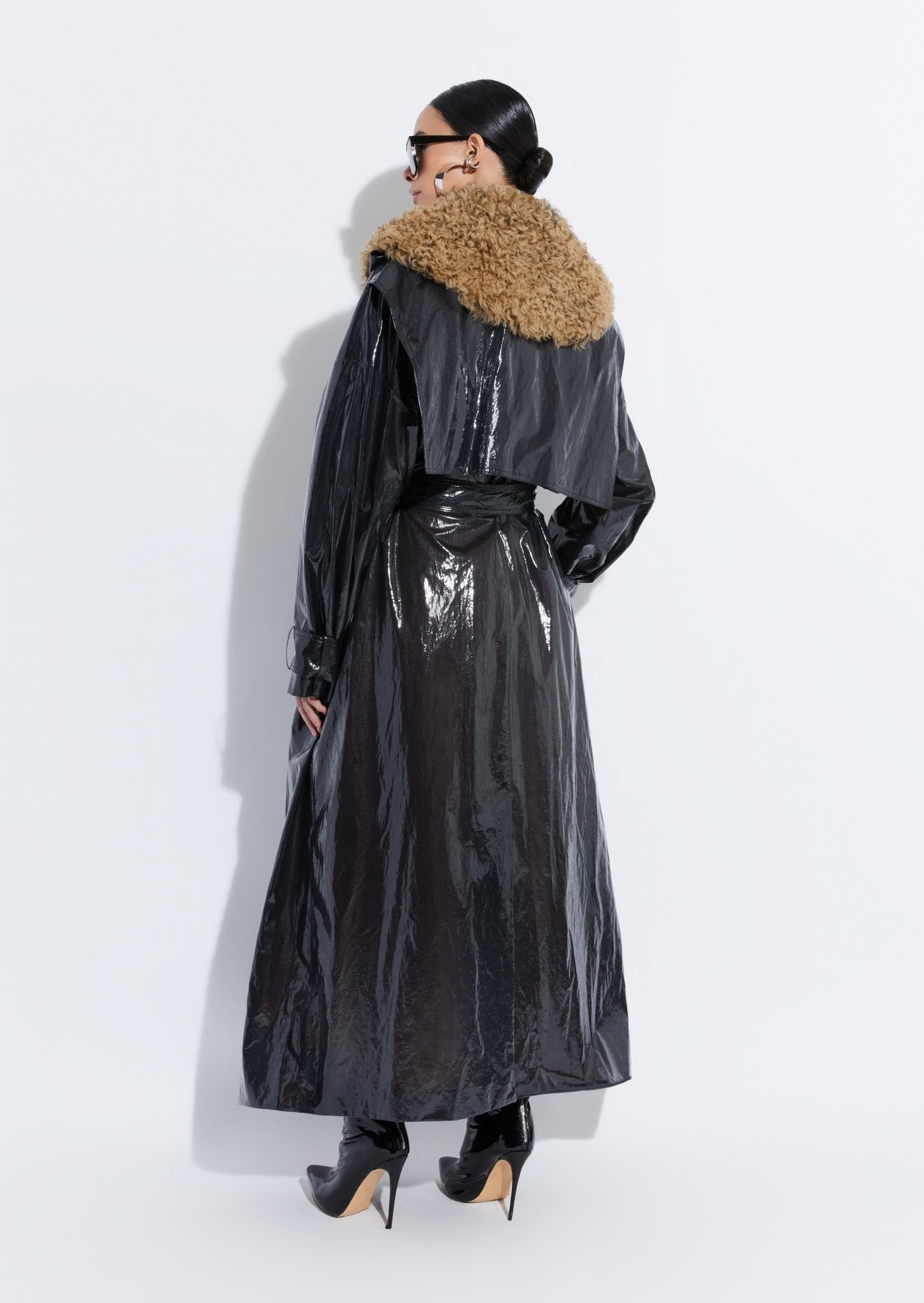 Laminated Voile Double Breasted Trench With Lambskin - 3