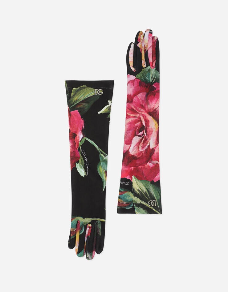 Rose-print jersey gloves with DG logo - 1