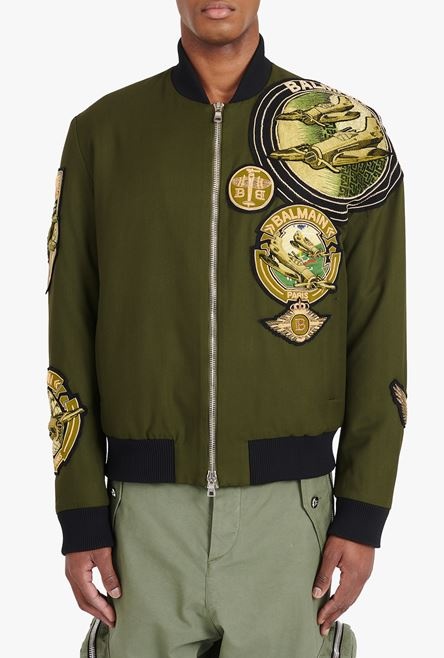 Khaki aviator teddy jacket with Balmain badges - 5