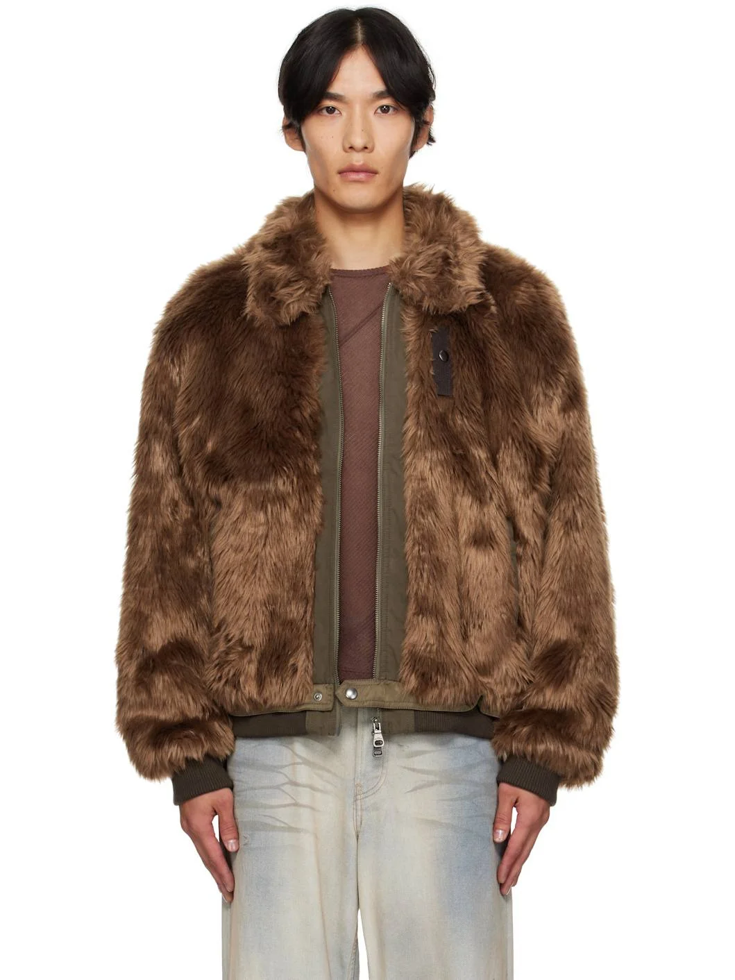 Brown Flight Faux-Fur Bomber Jacket - 1