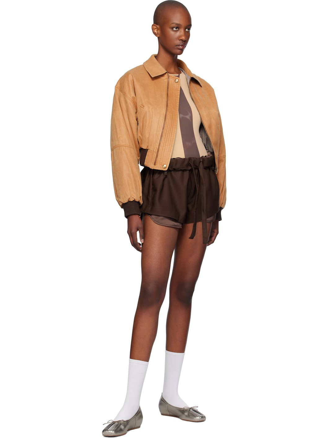 Tan Paper Like Crop Bomber Jacket - 4