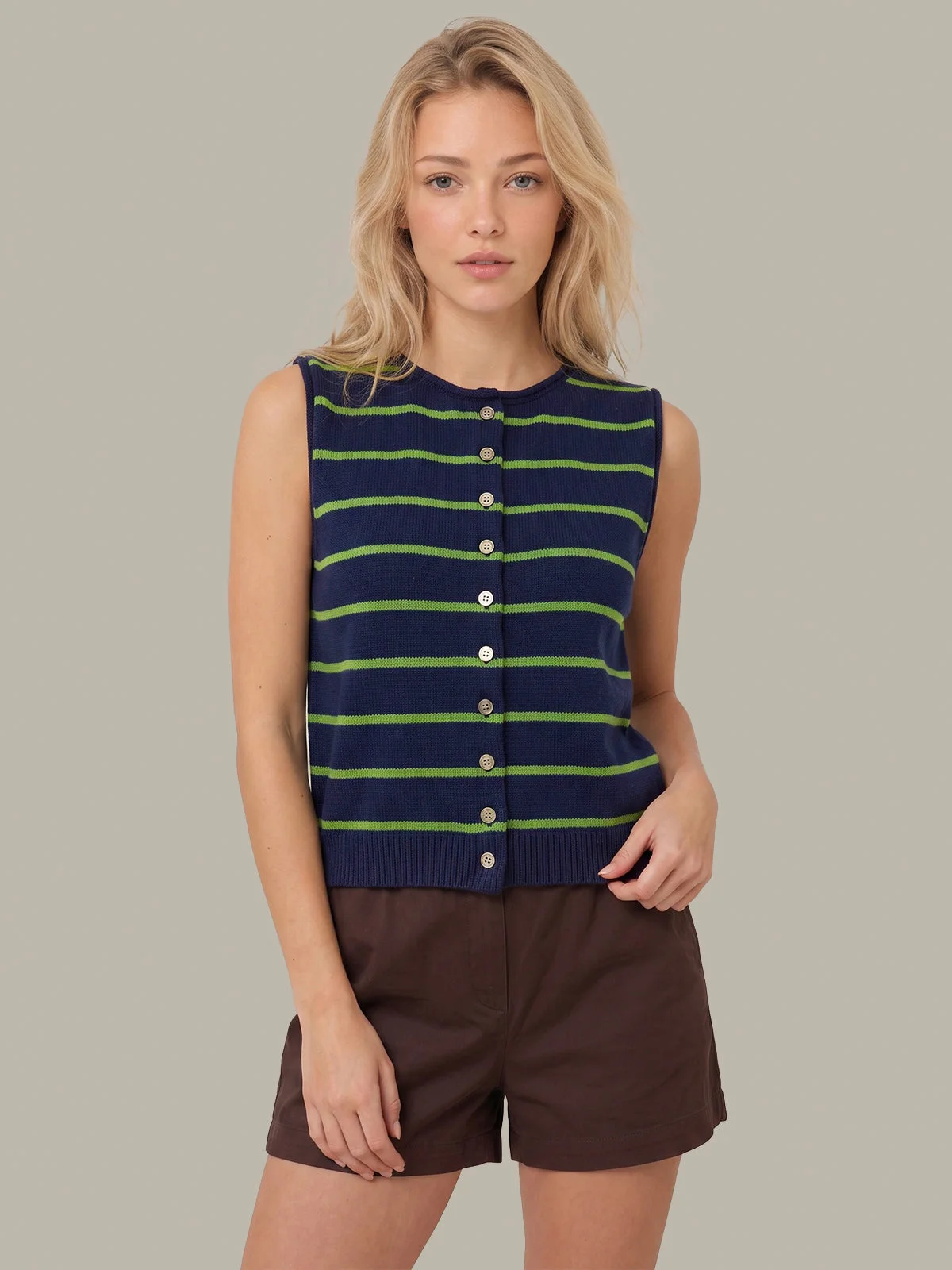 Cotton Stripe Button Front Vest - 1