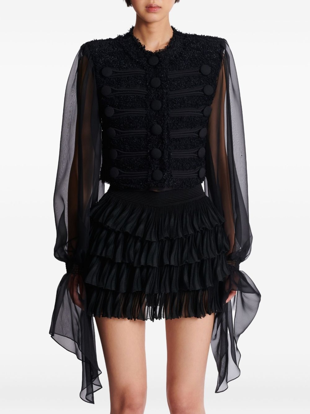 chiffon-sleeve tweed jacket - 6