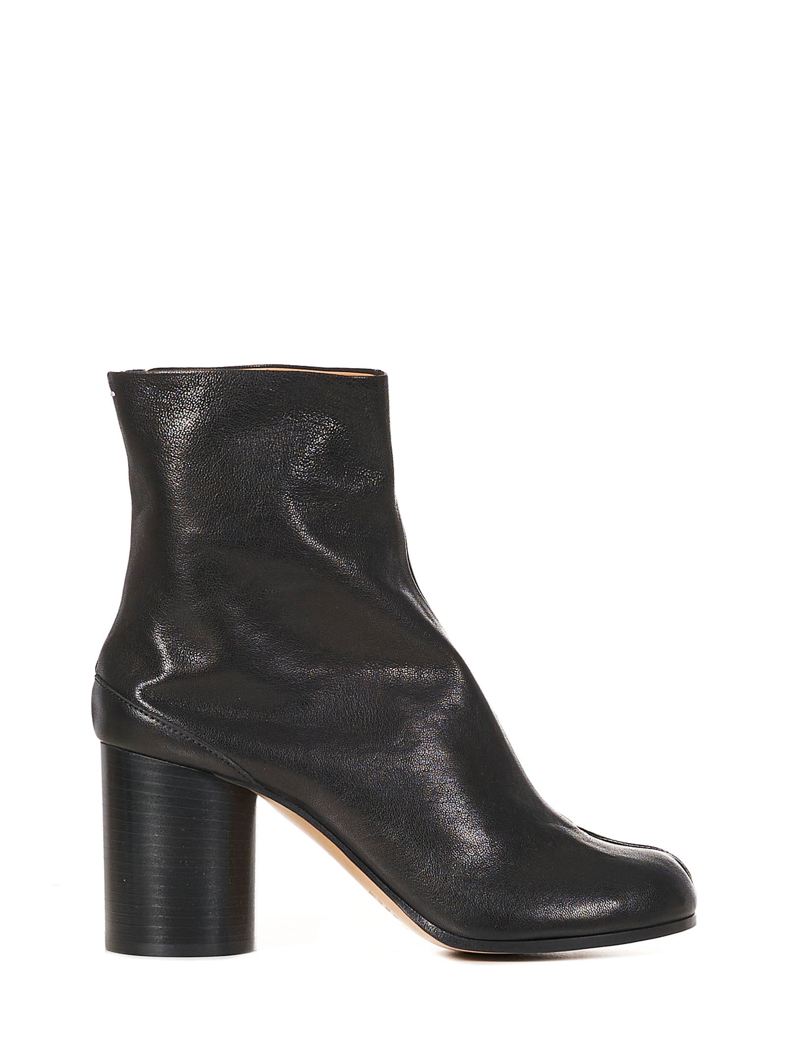 Black vintage leather ankle boots with Tabi split-toe and cylindrical heel. - 1