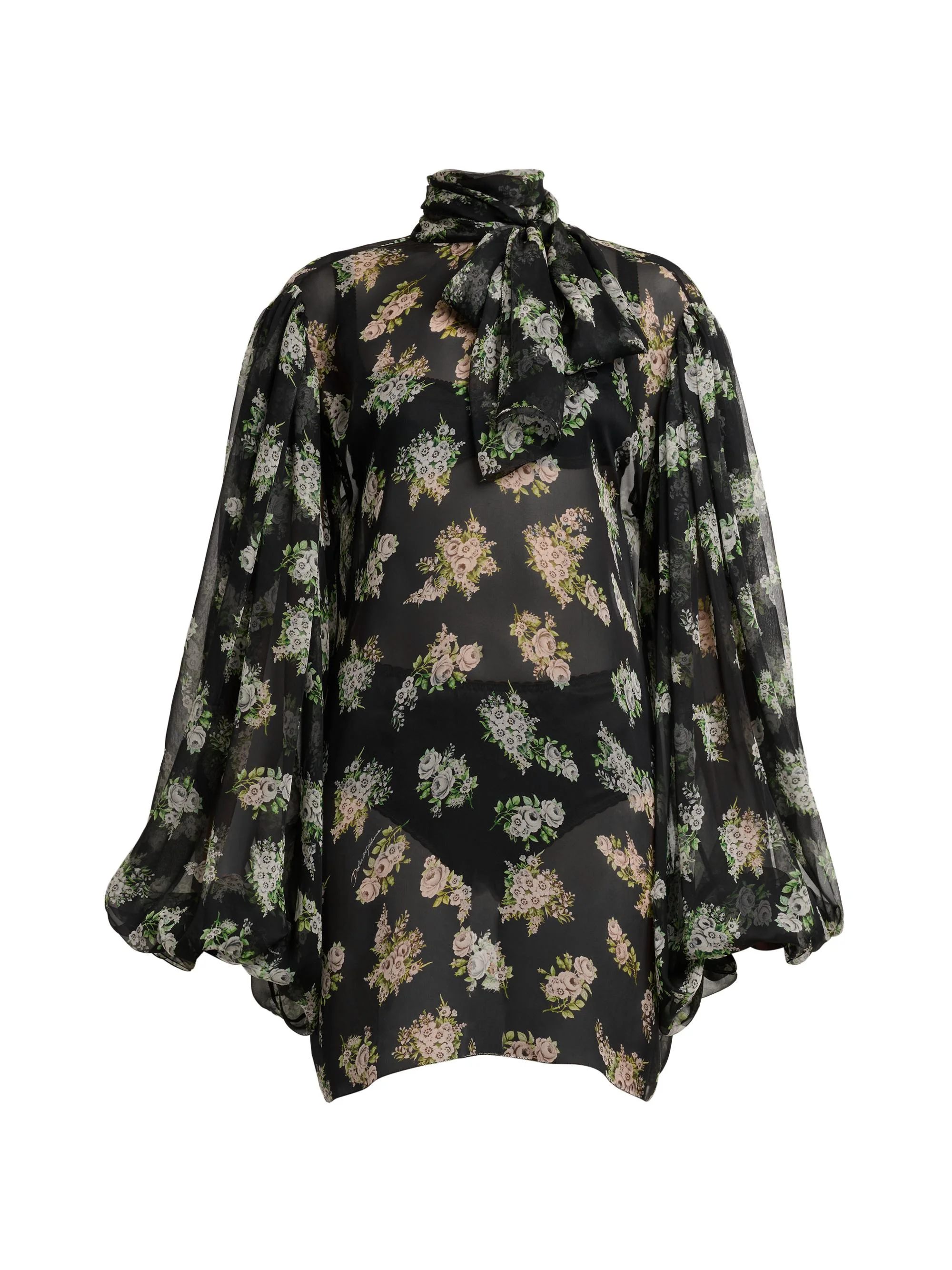 Women's Rose Bouquet Silk Chiffon Tieneck Blouse - Bouq Fiorel Bco Fner - 1