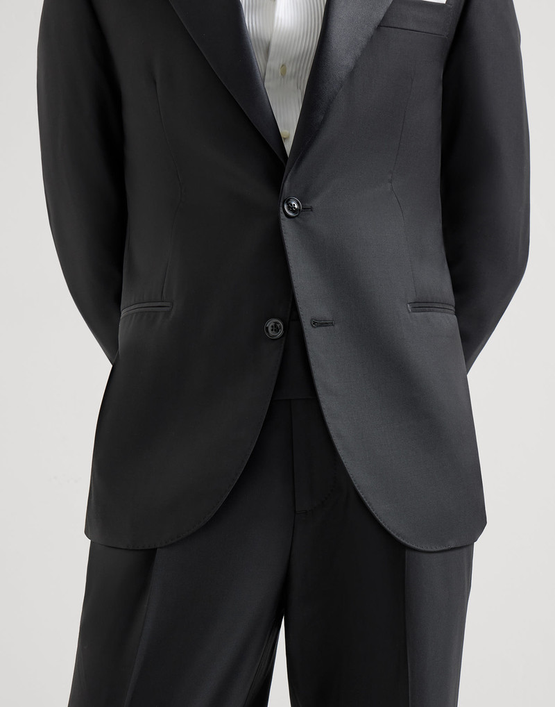 Lightweight virgin wool and silk twill tuxedo with peak lapel jacket and and trousers with pleat 4