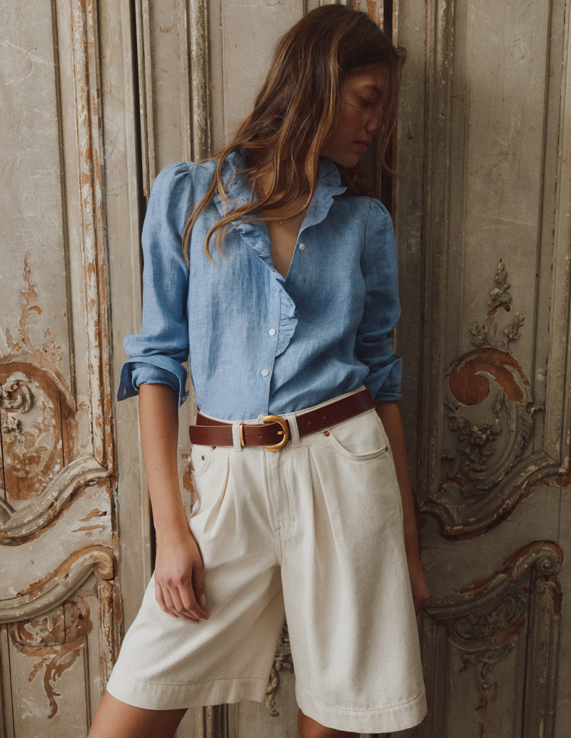 Isabel Ruffle Linen Shirt-Chambray 6