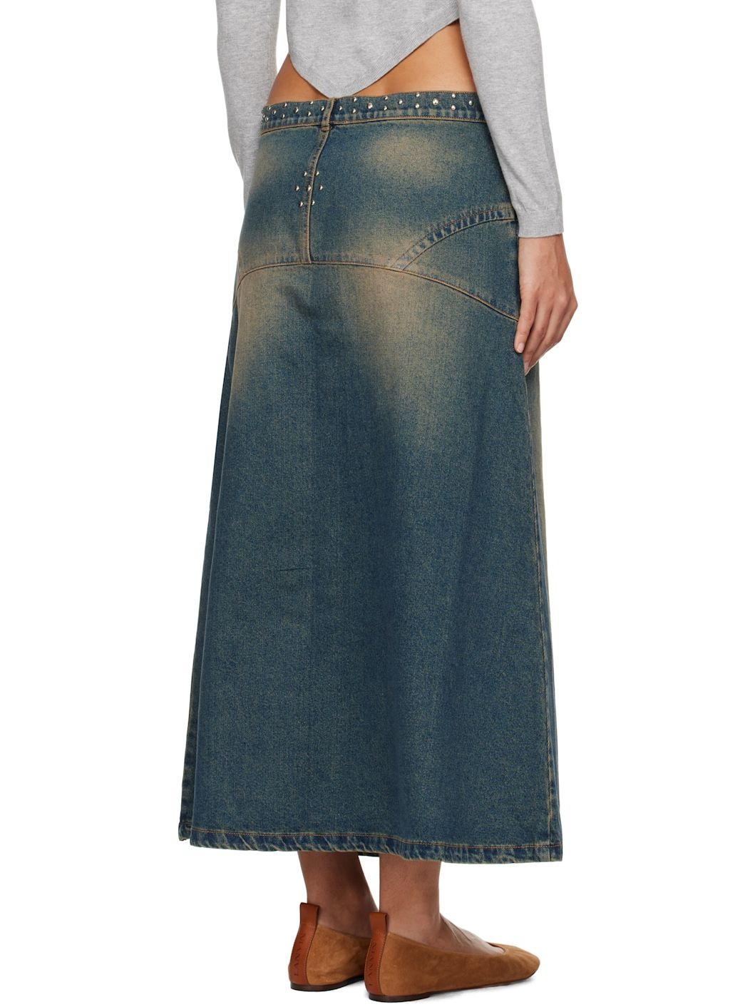 Blue Studded Denim Maxi Skirt - 3