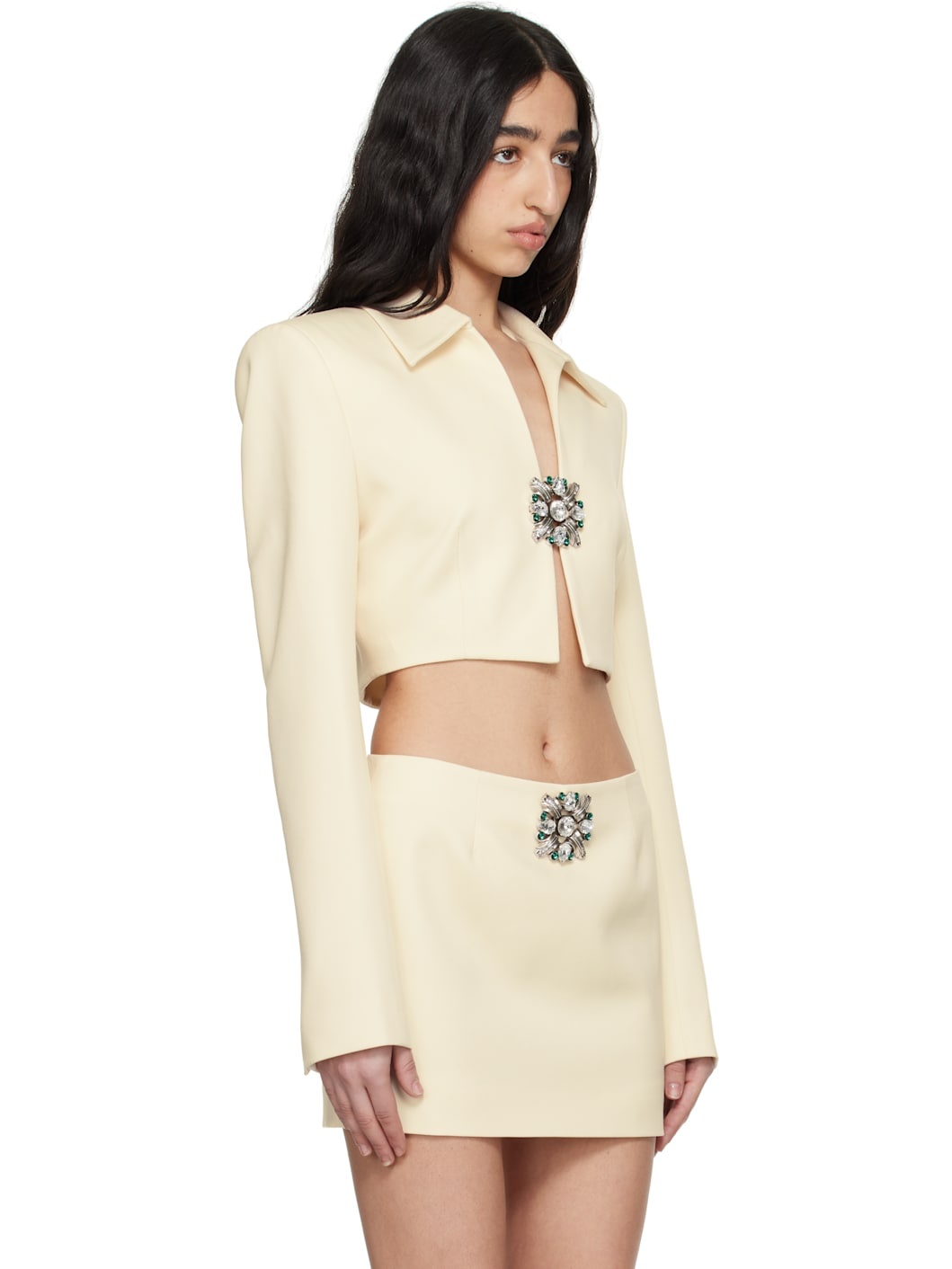 Off-White Crystal Brooch Cropped Jacket - 2