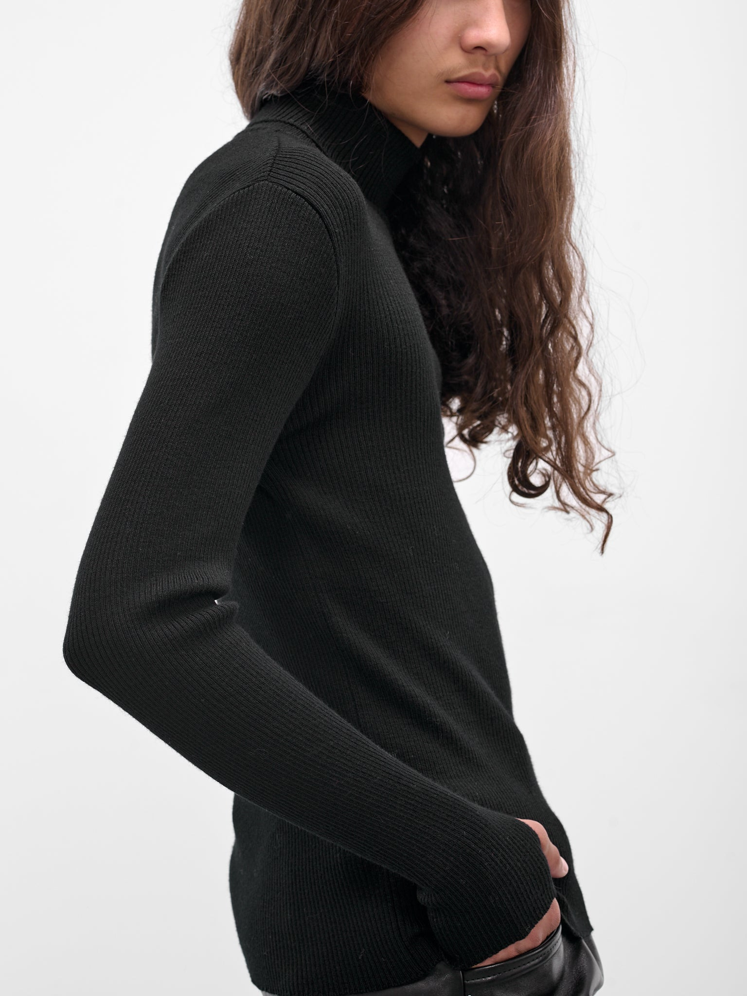 Black Wool Rib-Knit Turtleneck - 5