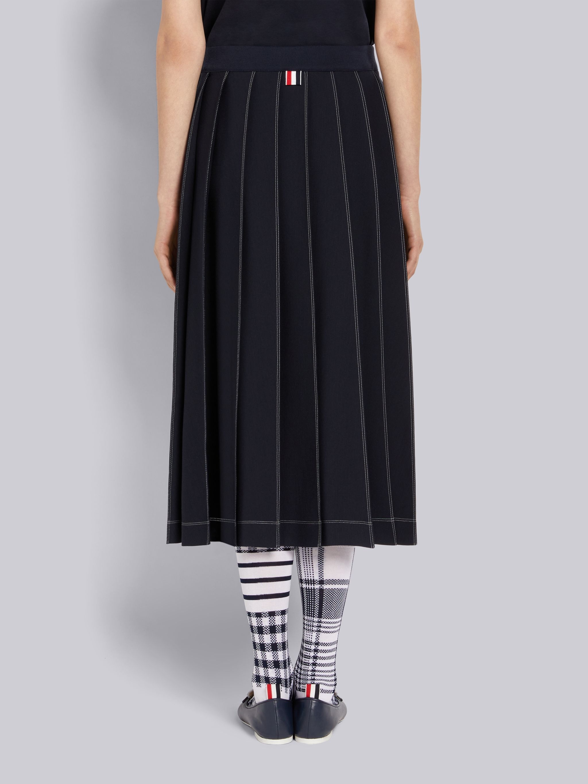 Navy Wool Tech Milano Contrast Stitch Pleated Below the Knee Skirt - 3
