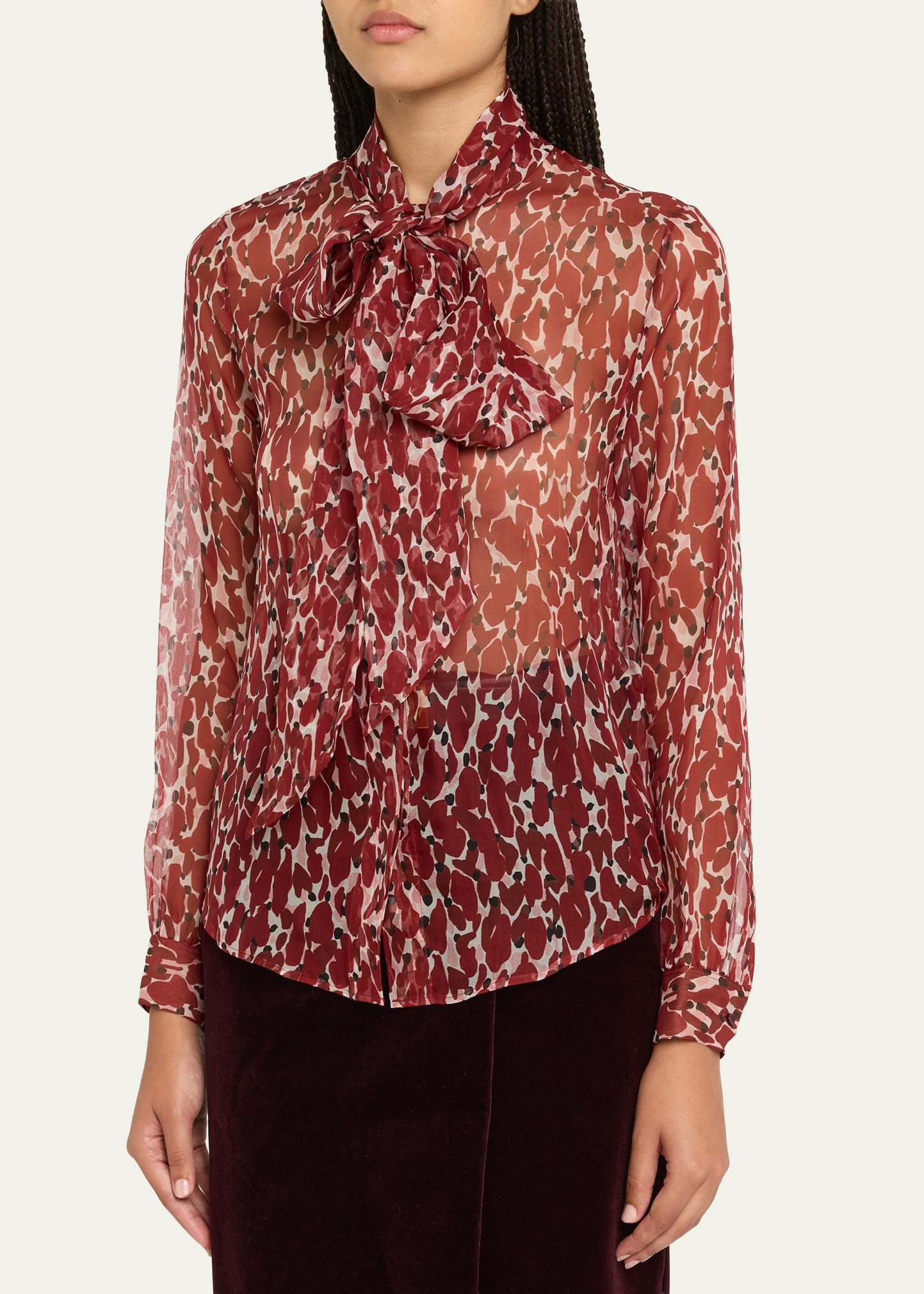 Semi-Sheer Printed Tie Neck Blouse - 4