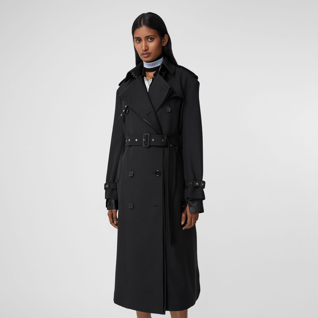 Silk Satin Panel Wool Loop-back Trench Coat - 7