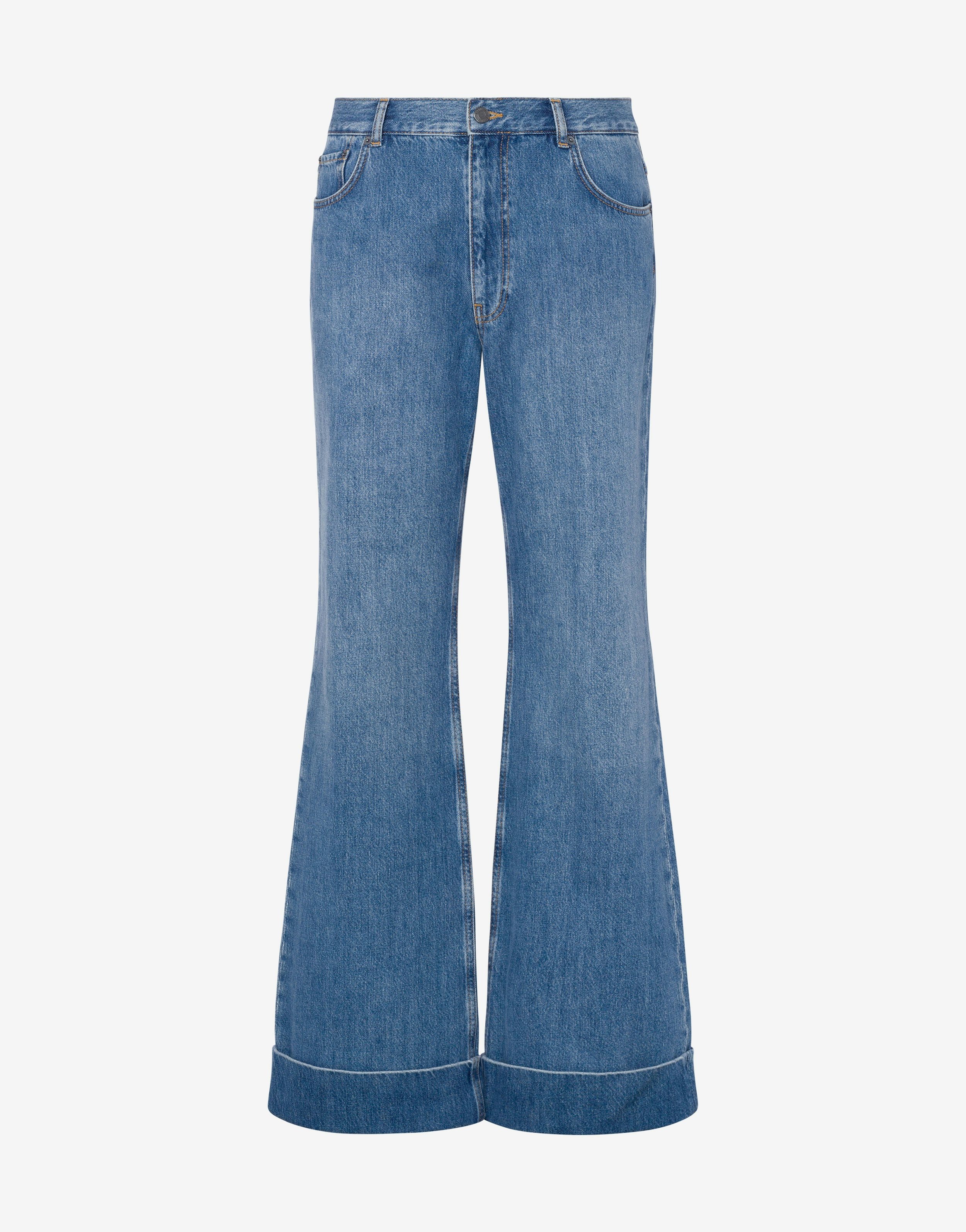 BLUE COTTON DENIM FLARED TROUSERS - 1