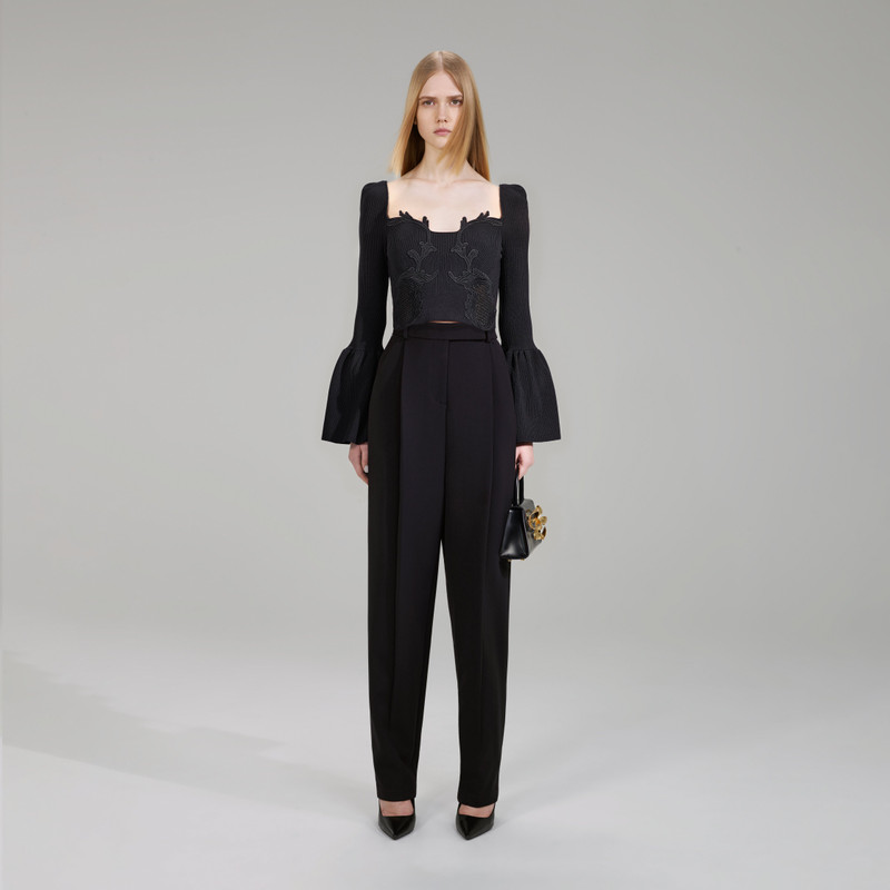 Black Lace Insert Ribbed Knit Top 1