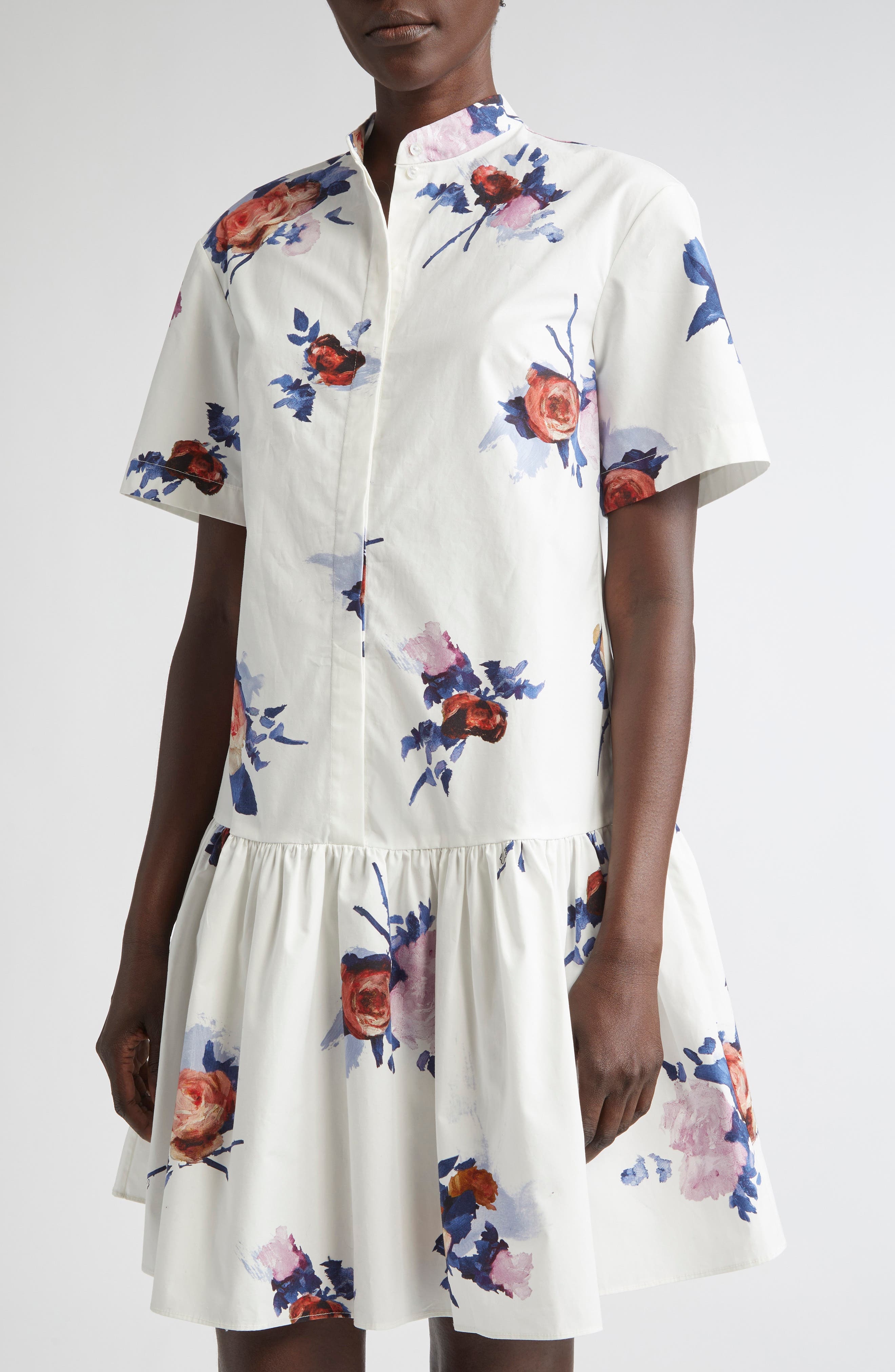 Erdem Short Sleeve Cotton Poplin Mini Shirtdress in Painted Rose Bouquet White at Nordstrom - 4