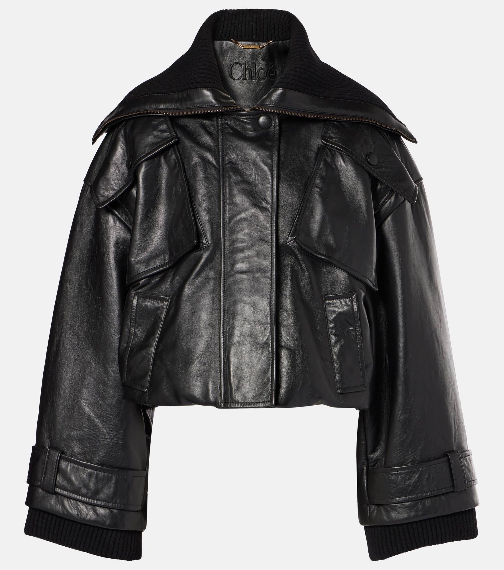 Cropped leather bomber jacket - 1