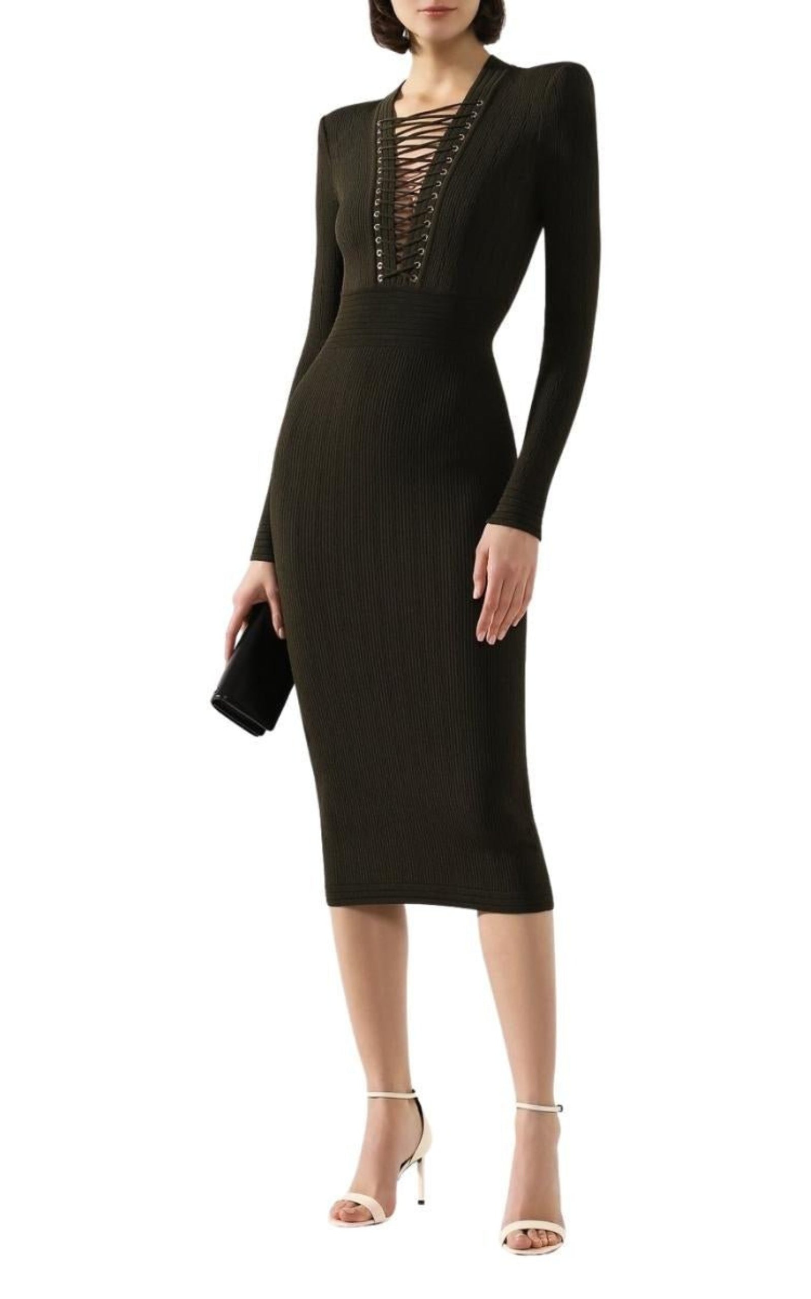 Lace-up Long Sleeve Midi Sweater Dress - 2