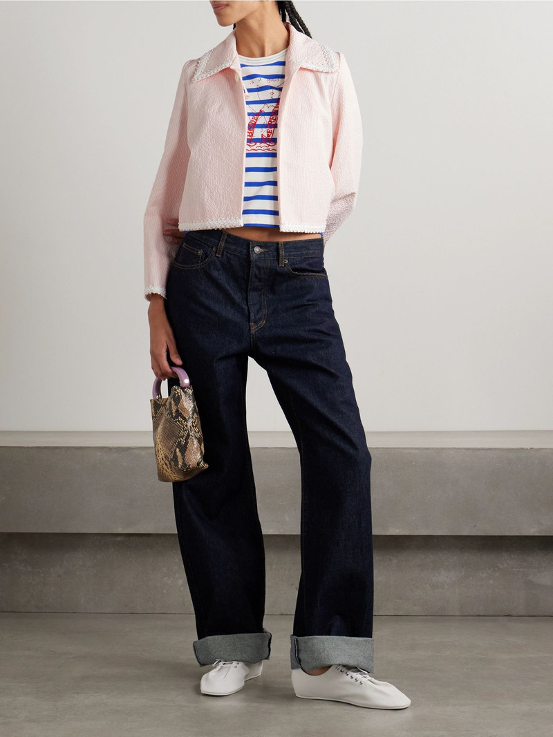BODE Cropped appliquéd striped cotton-blend seersucker jacket Baby pink outlook