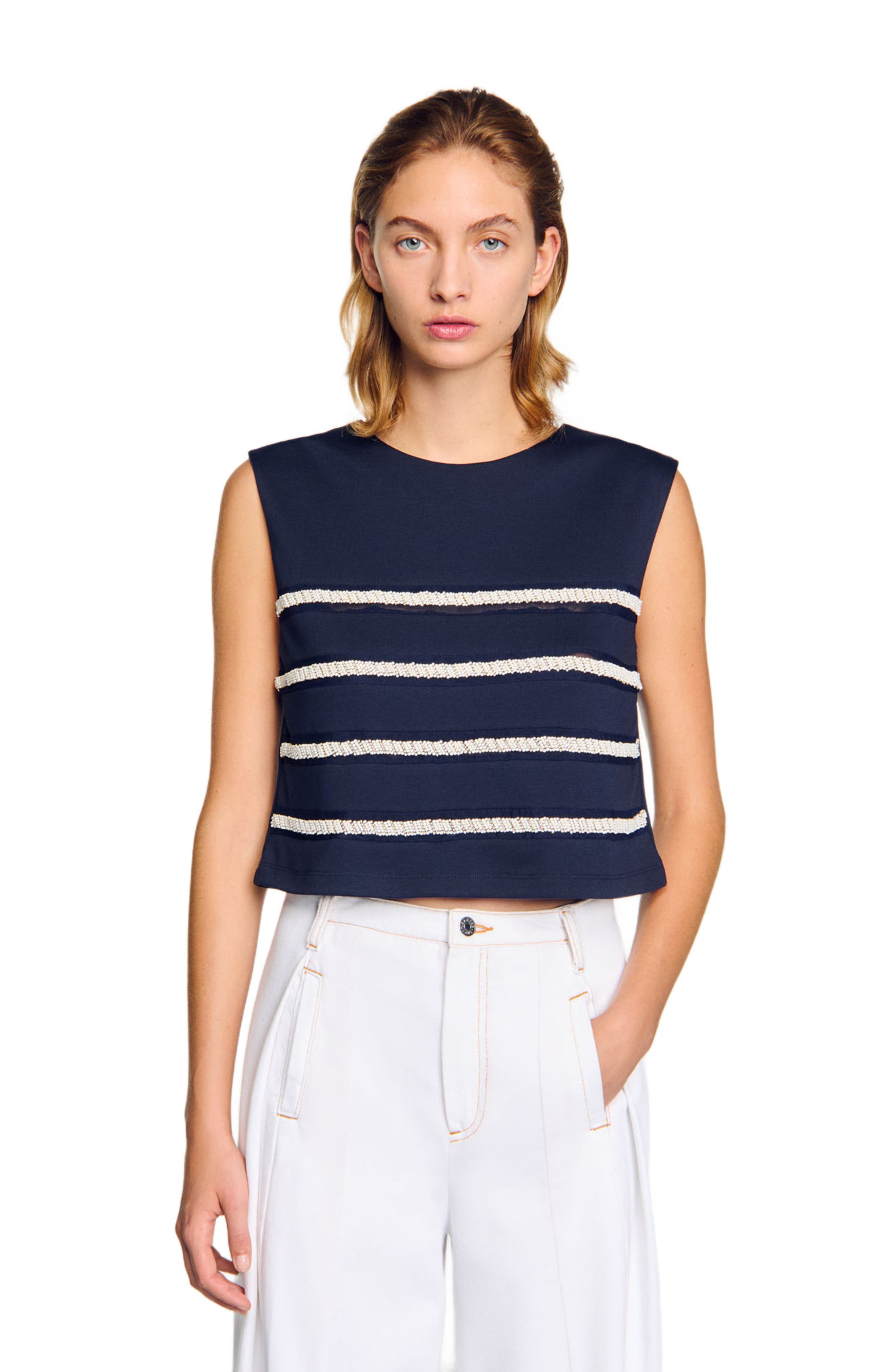 SANDRO Sleeveless striped T-shirt in Navy Blue at Nordstrom - 3