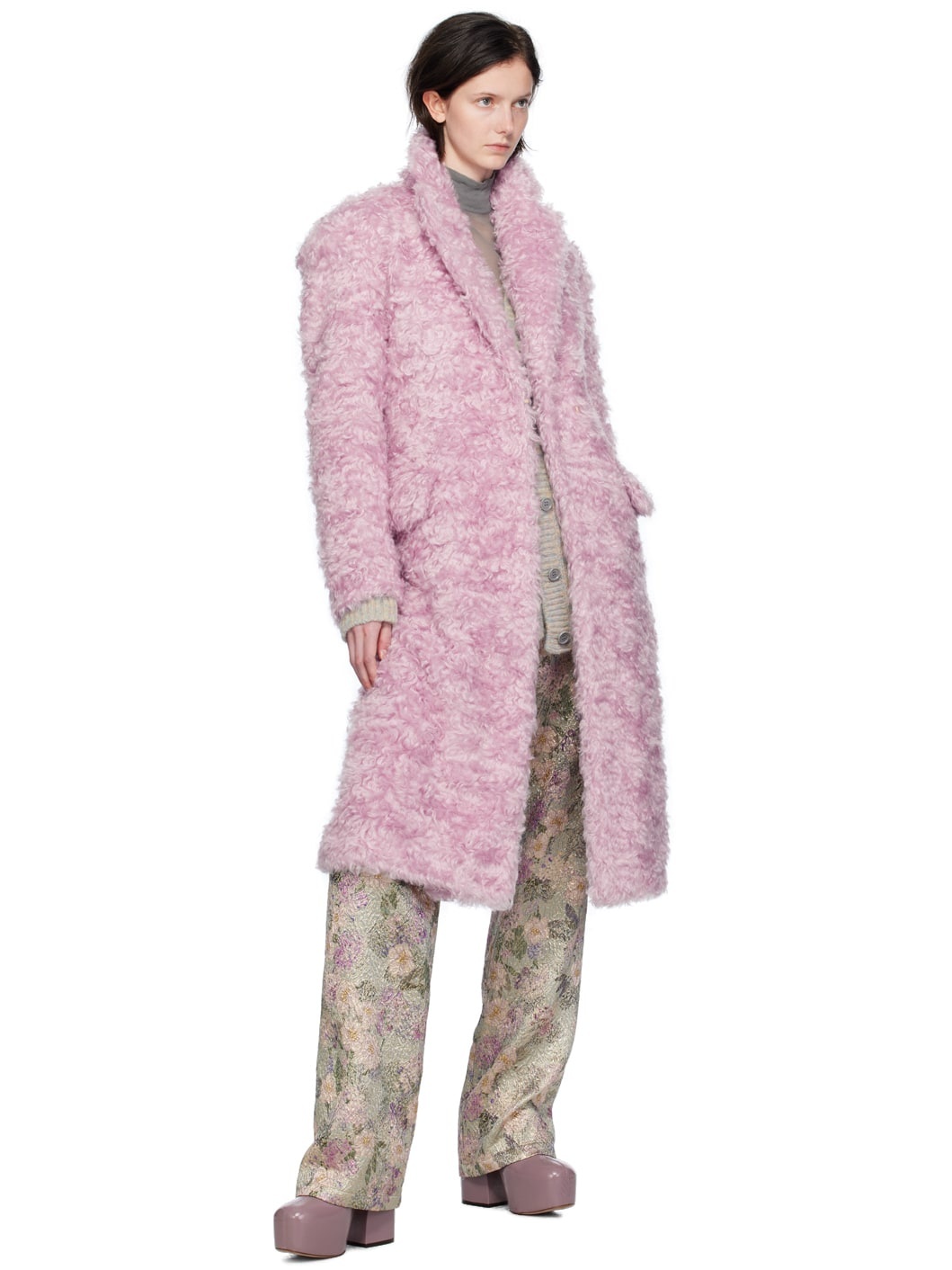 Purple Notched Lapel Faux-Fur Coat - 4