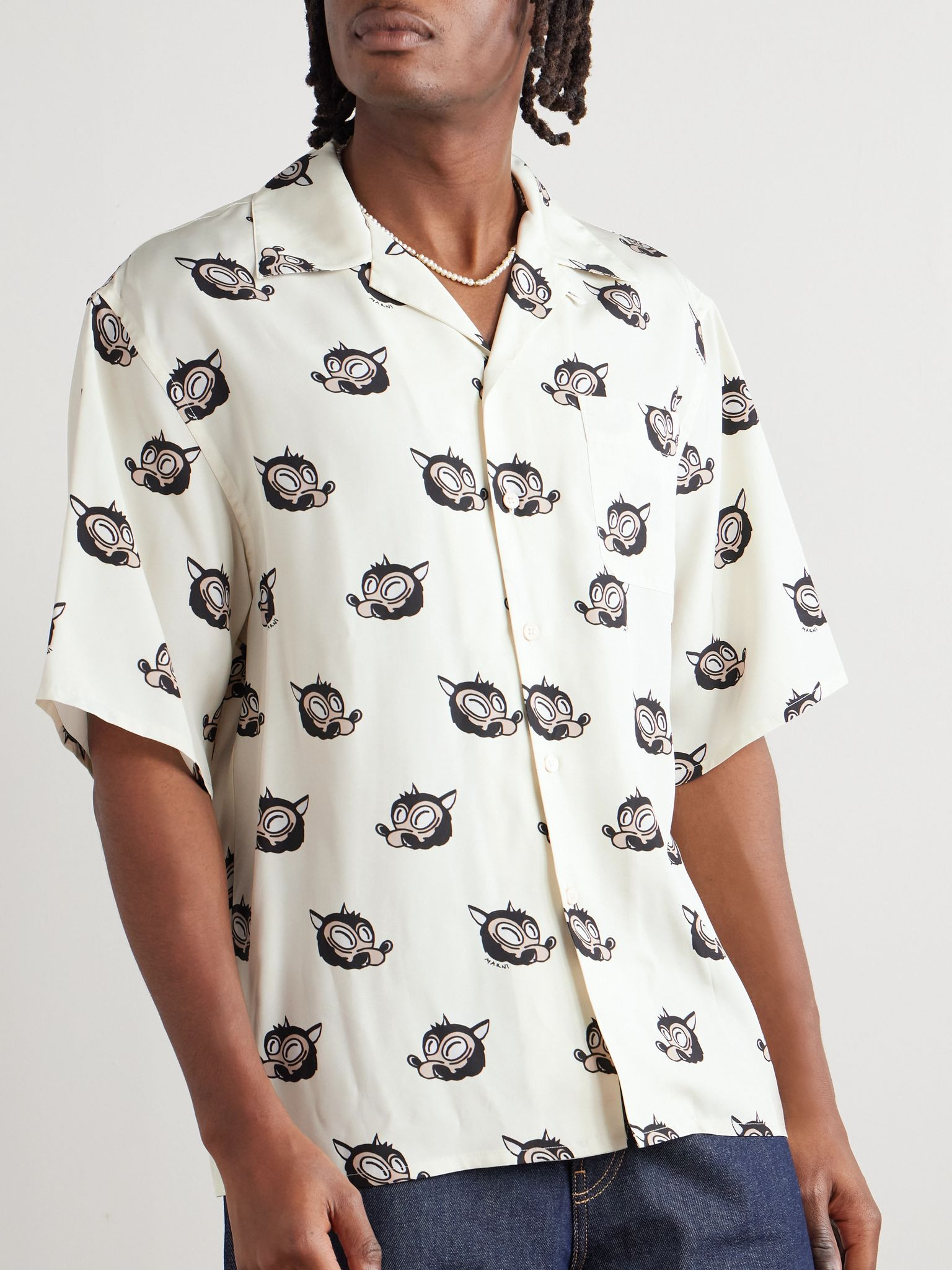 Wolves Convertible-Collar Printed Satin-Twill Shirt Off-white - 3