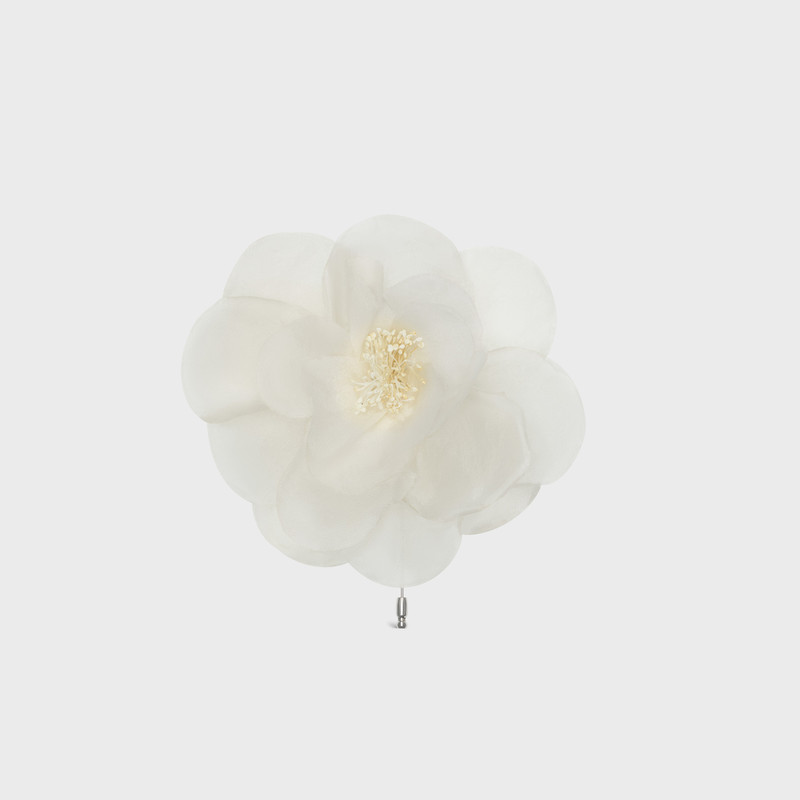 FLEUR CELINE PIVOINE LAPEL PIN IN WHITE SILK, BRASS WITH RHODIUM FINISH AND STEEL 1