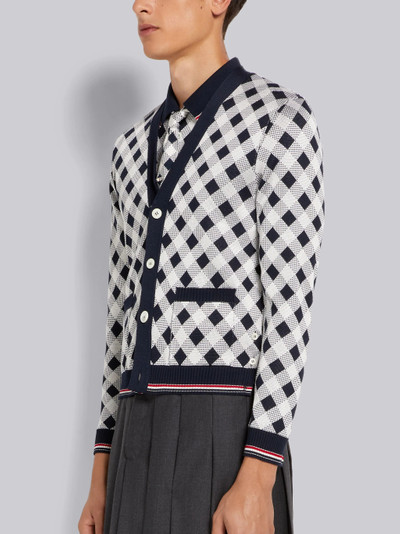 Thom Browne Navy Gingham Cotton Silk Stripe Tipping V-Neck Cardigan outlook