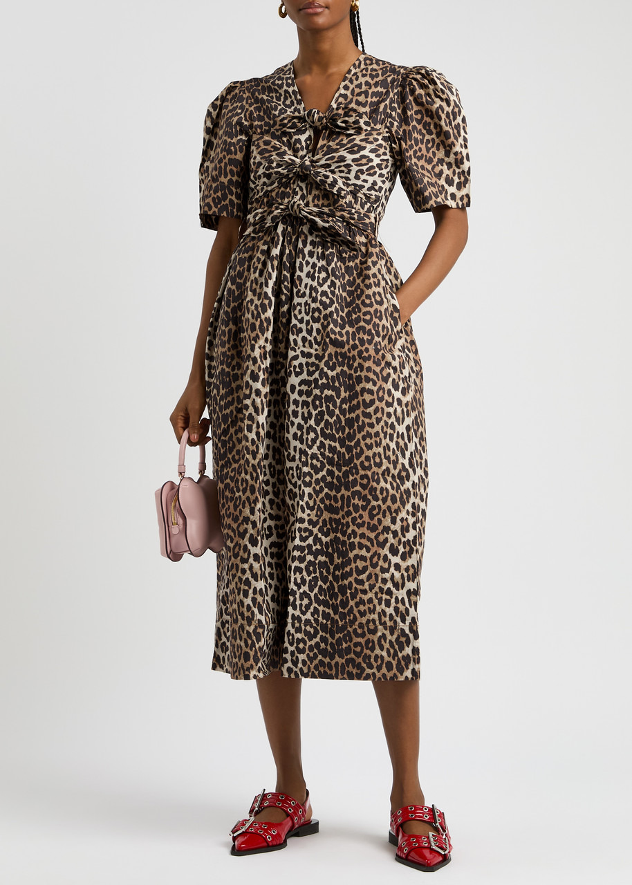 Ganni Leopard-print Belted Cotton Midi Dress - 4