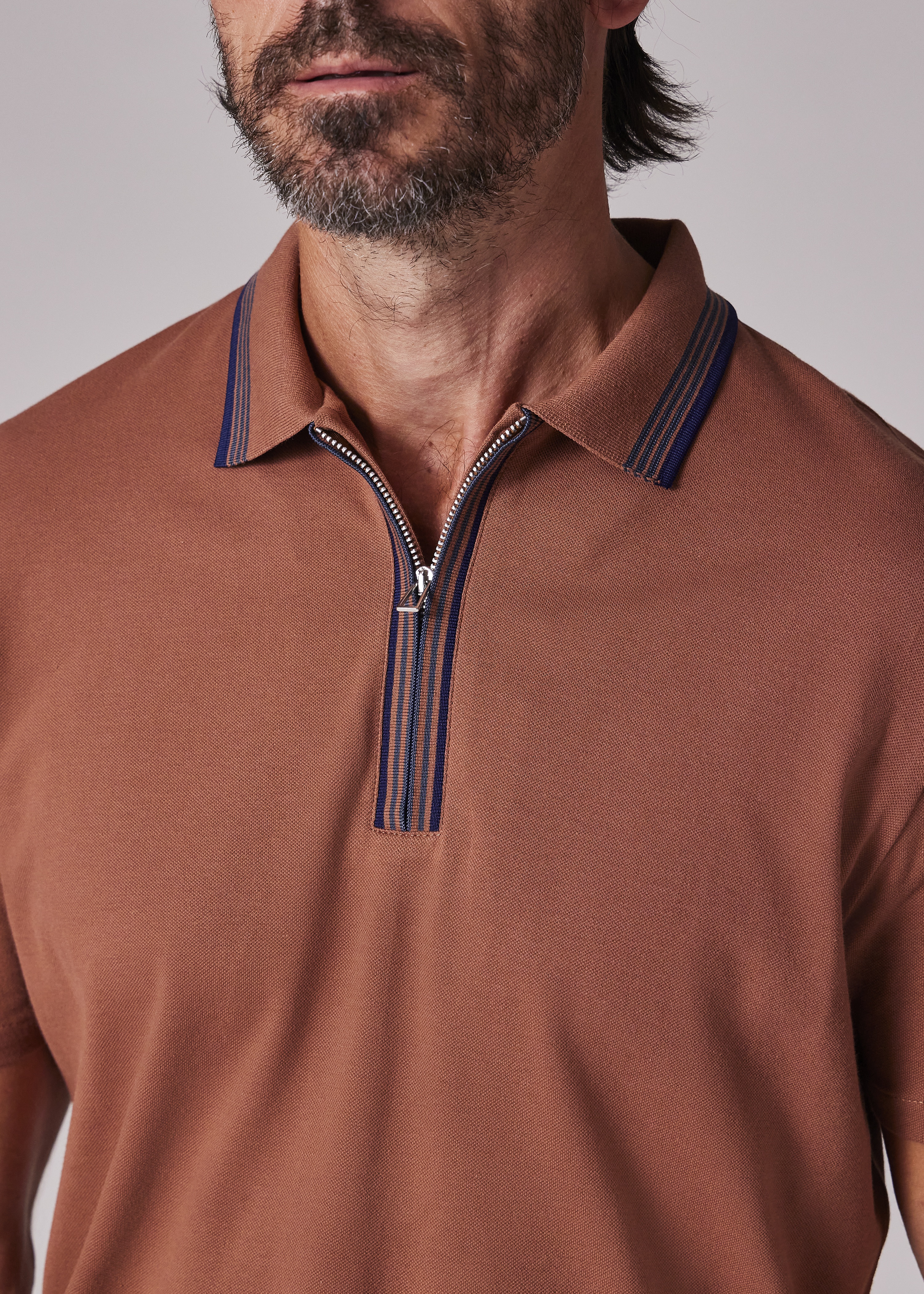 Brown Contrast Tipping Zip-Neck Polo Shirt - 6