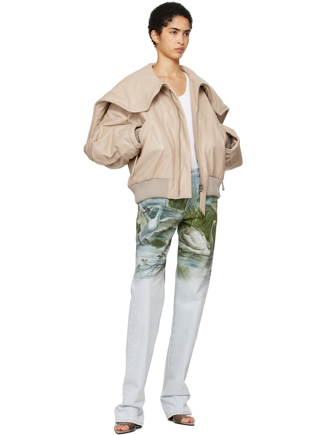 Biege Padded Leather Bomber Jacket - 5