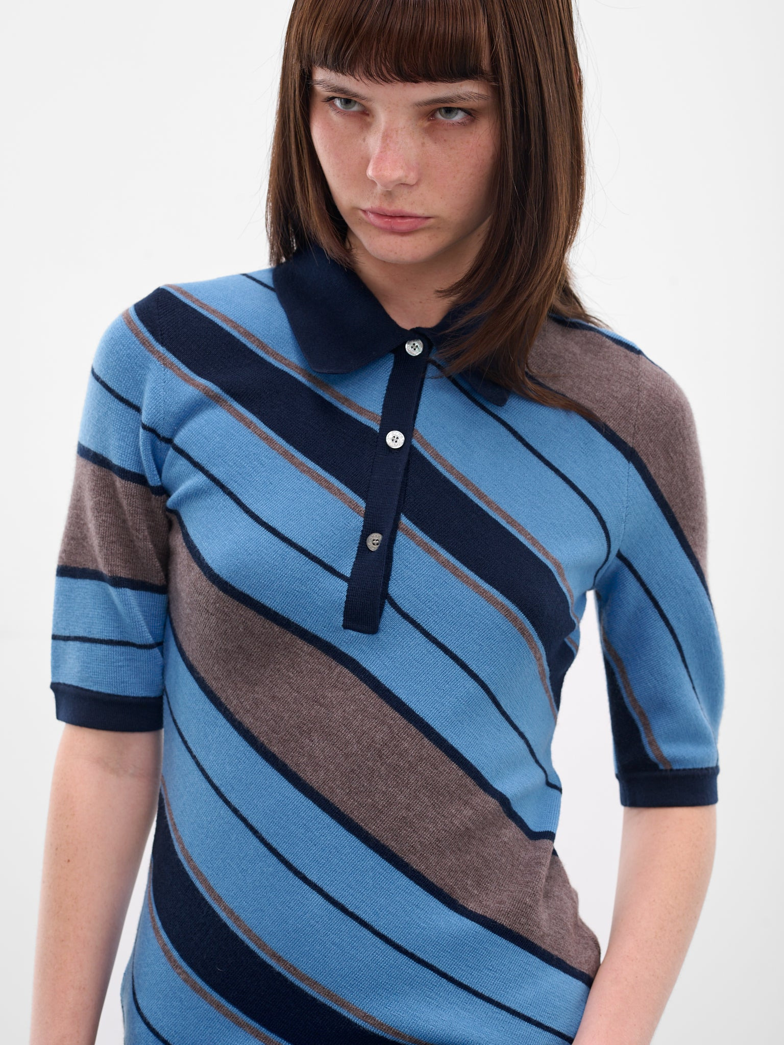 Blue Striped Knit Polo Shirt - 4