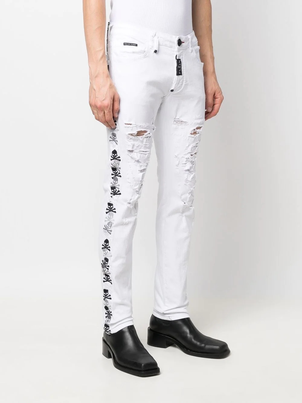 distressed skull-embroidered skinny jeans - 3