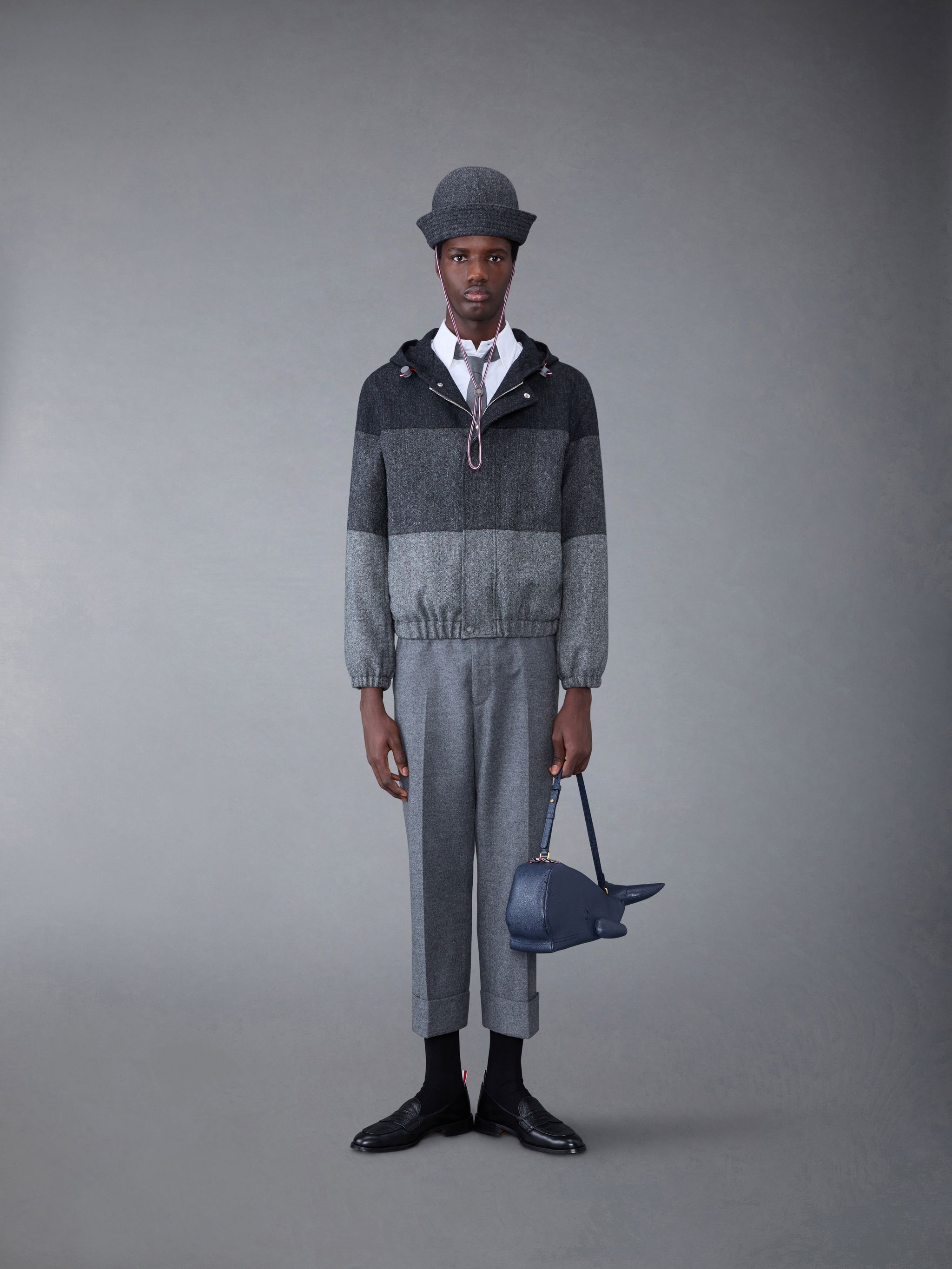 Thom Browne Donegal Tweed Stripe Relaxed Hooded Zip Jacket