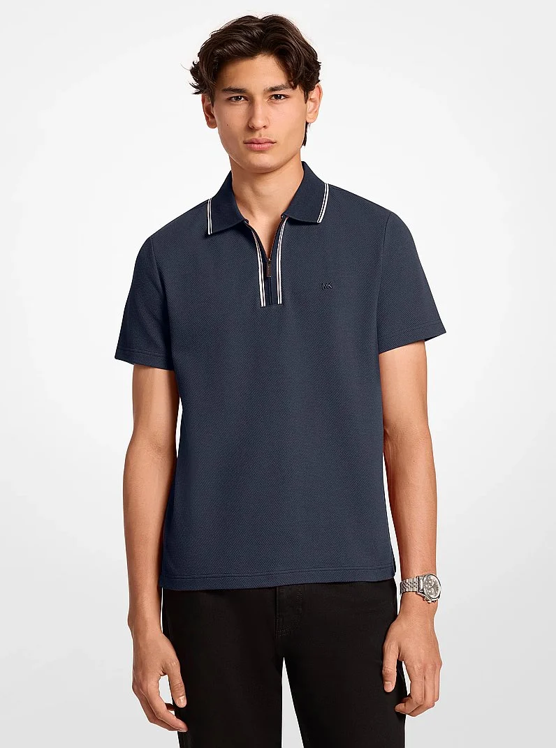 Textured Stretch Cotton Zip-Up Polo Shirt - 1