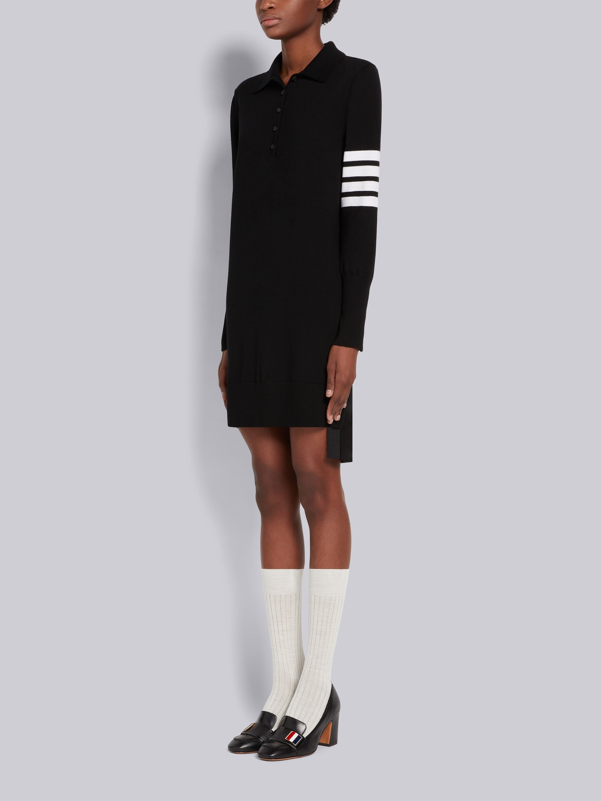 Black Fine Merino Wool 4-Bar Mrs. Thom Intarsia Long Sleeve Mini Polo Dress - 2