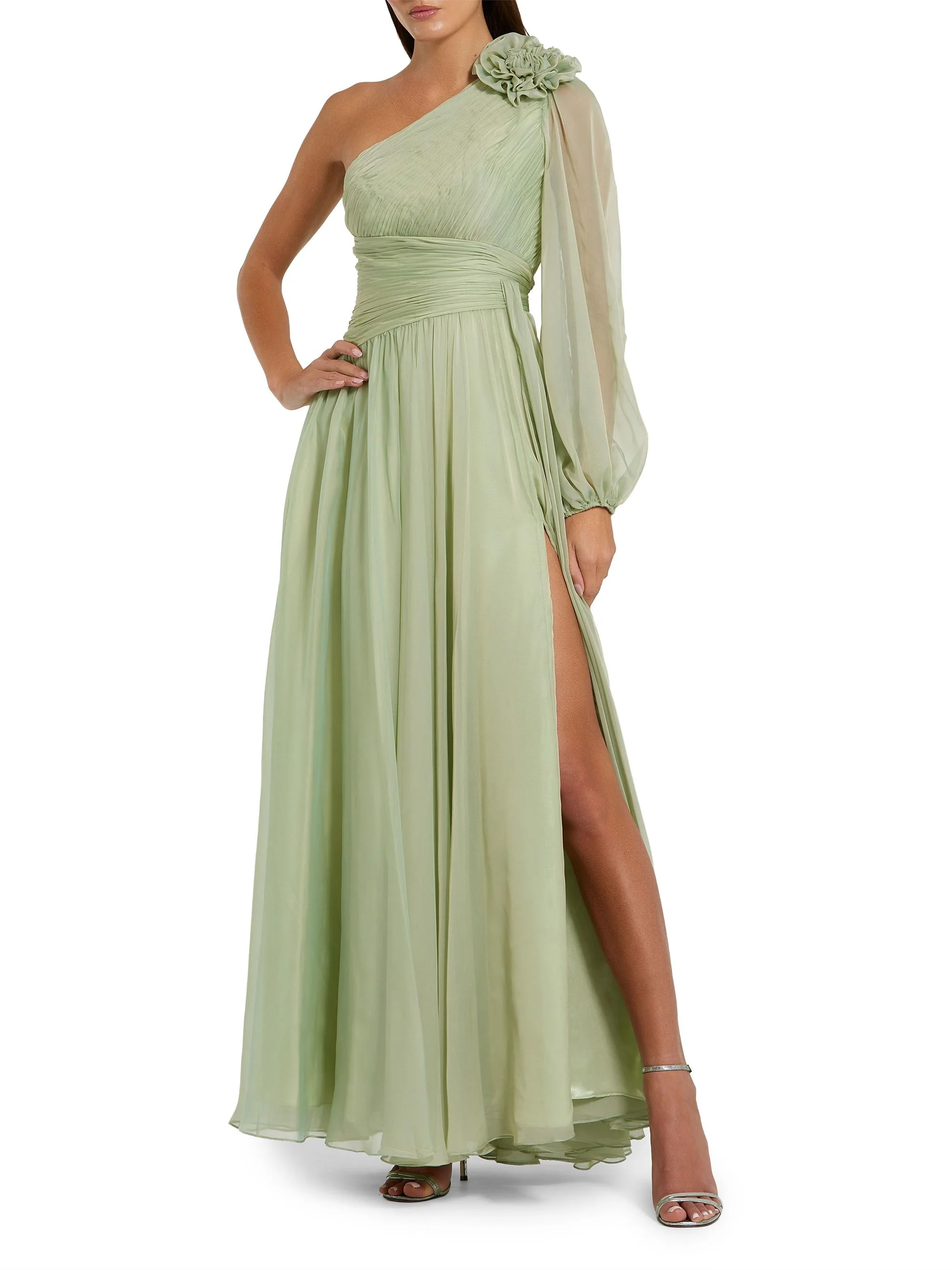 Women's Appliqué Chiffon One-Sleeve Gown - Sage - 1