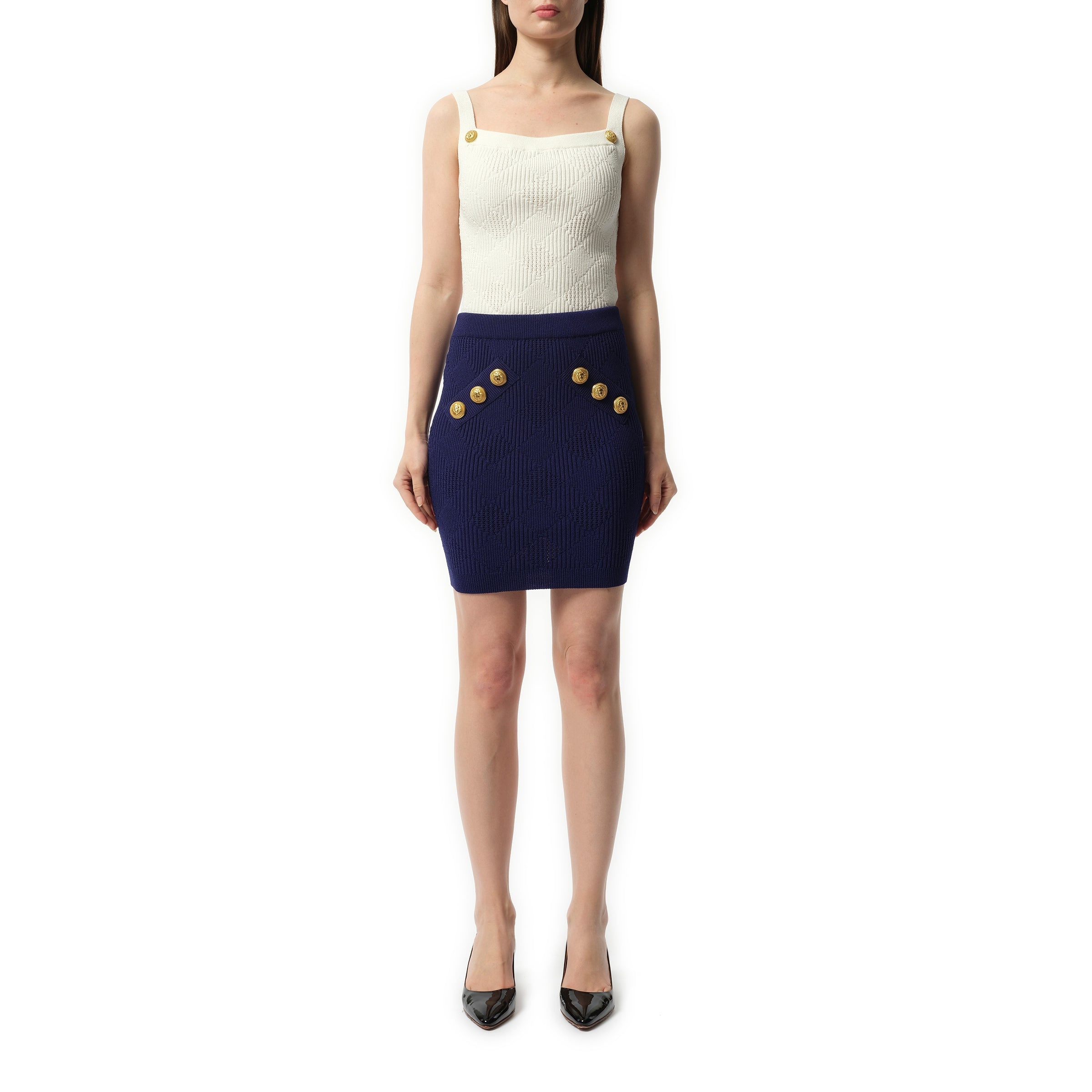 Balmain 6 Button Vichy Knit Short Skirt in Midnight Blue