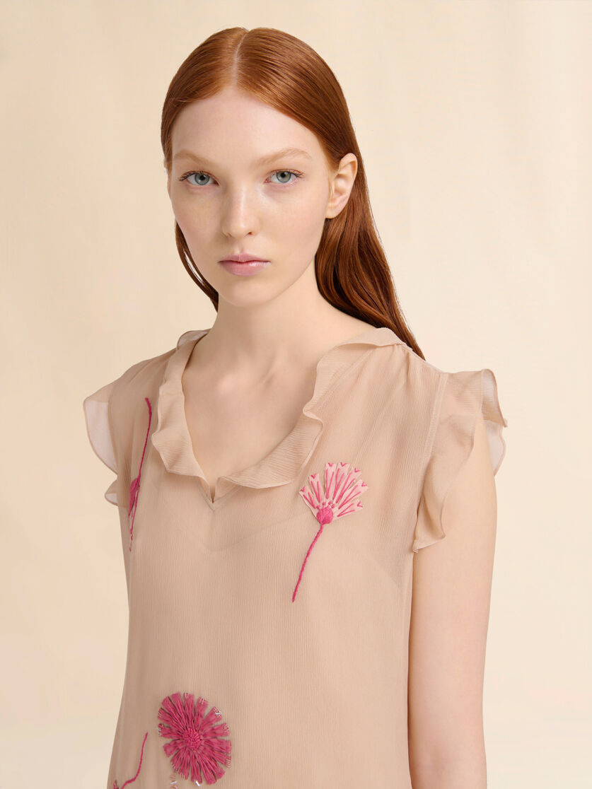 NUDE SILK DRESS WITH CAMELLIA EMBROIDERY - 4